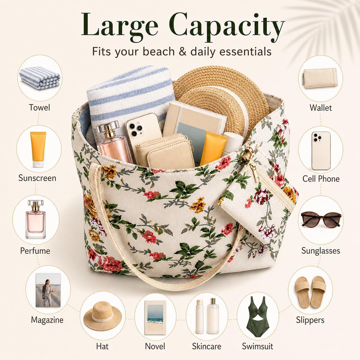 Thumbnail 4 de Lightweight Floral Canvas Tote Bag for Women with Free Purse – Spacious, Foldable Day-to-Trip Handbag