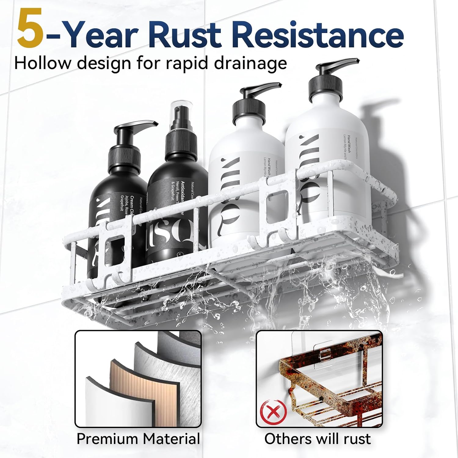 Detalle de YASONIC YS-K-419E Adhesive Shower Caddy Set, 3-Piece Powder-Coated Metal