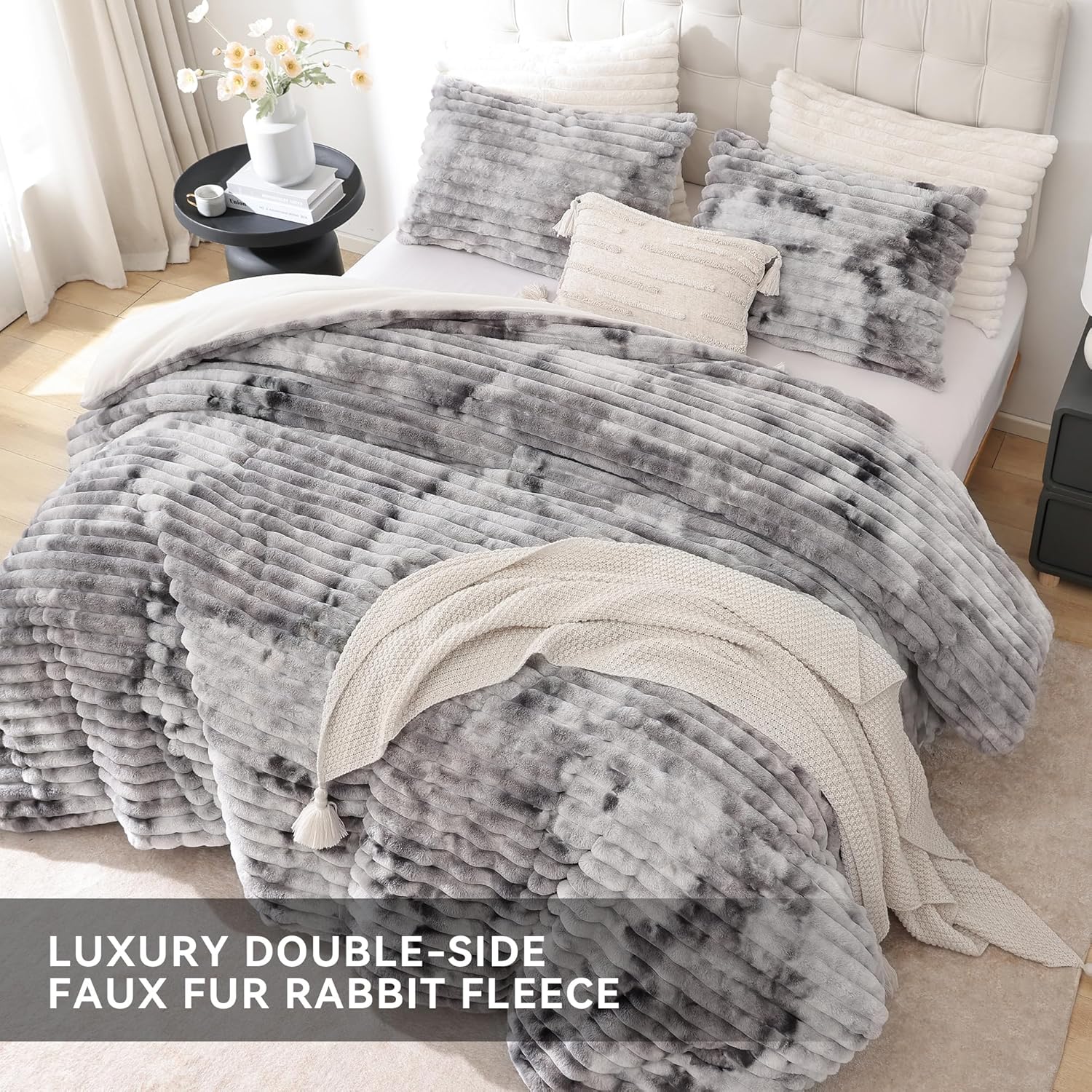 Detalle de Smoofy Fluffy King Size Comforter Set 3 Pieces — Tie-dye Grey Faux Fur, Ultra-Soft Micro-Mink & Flannel Dual-Sided Bedding