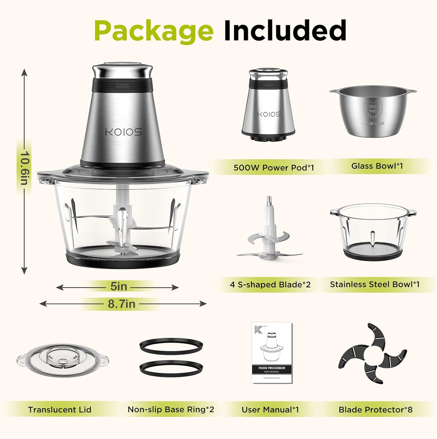 Thumbnail 4 de KOIOS Food Processor 500W with 8 Cup Bowls 🍽