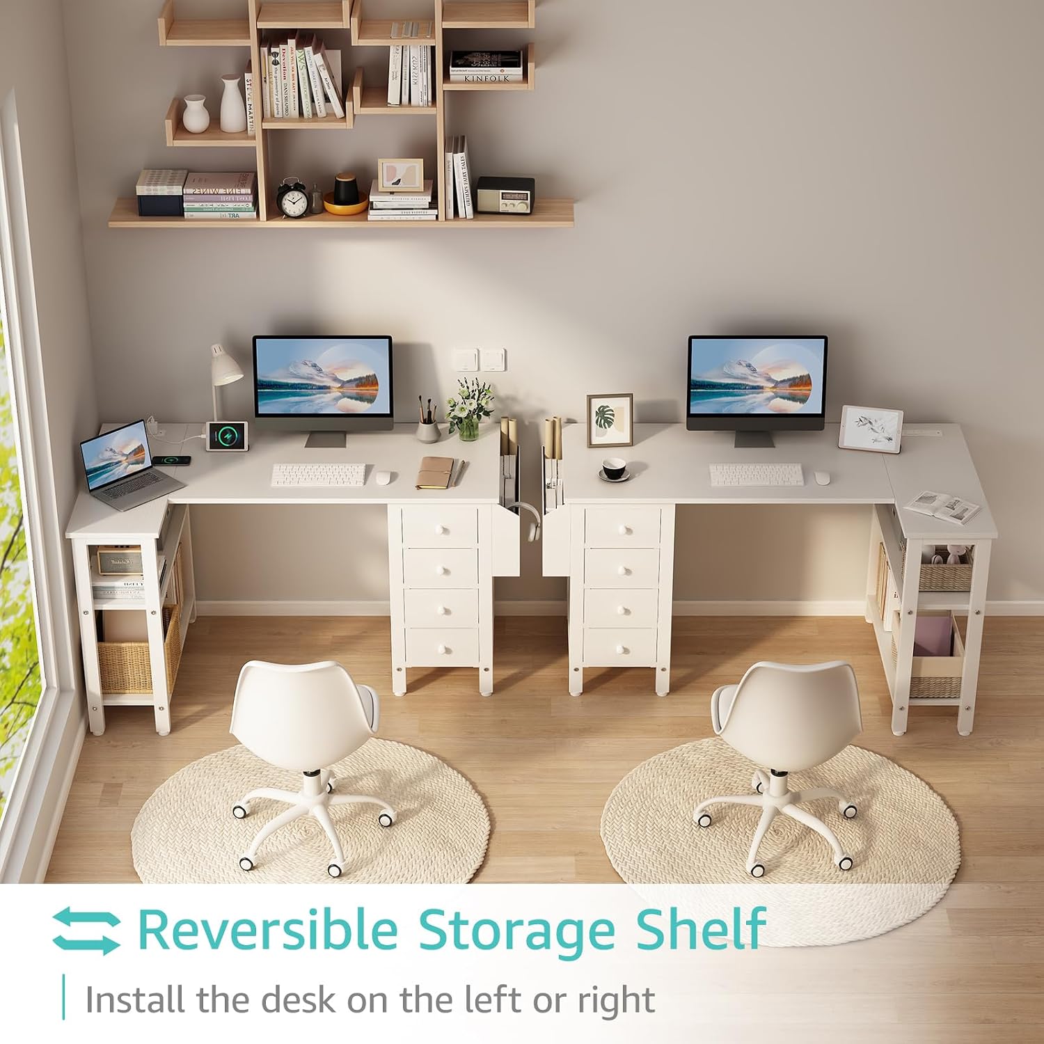 Thumbnail 3 de Lufeiya LFY-L4D47-White L-Shaped Desk with 4 Drawers and Power Strip