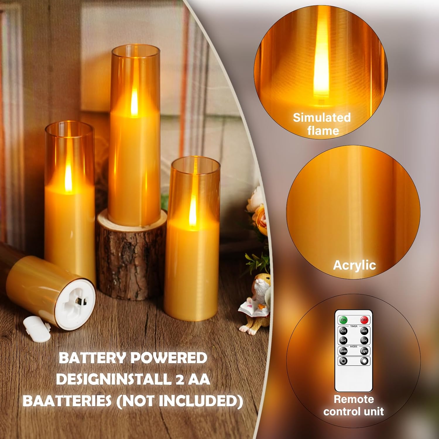 Detalle de kakoya WYLZ-005 Flameless LED Candle Set, 7 Gold Acrylic Pillars with Remote