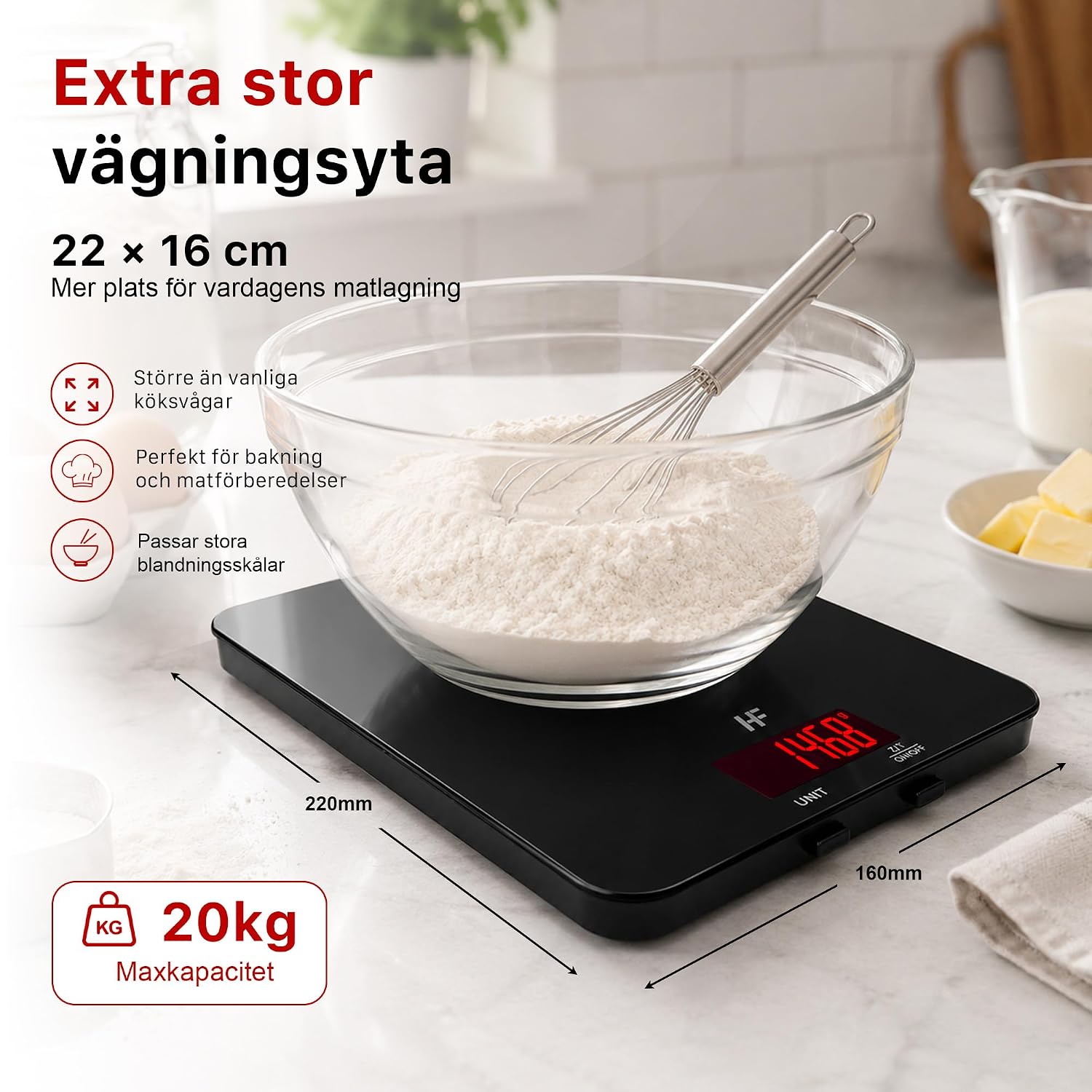 Detalle de HomeFashion STOR köksvåg 20 kg med 1 g gradering och glasplattform 22 × 16 cm