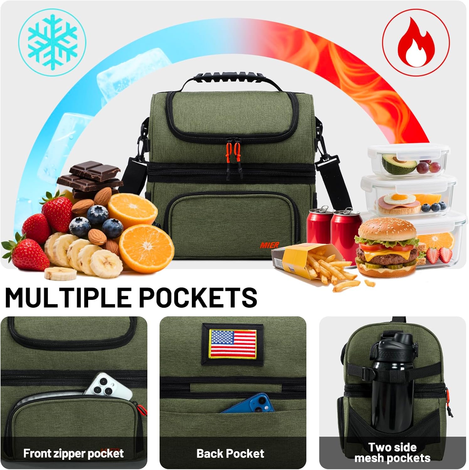 Thumbnail 2 de MIER Dual Compartment Lunch Bag Tote (Army Green) — Insulated, Leakproof Cooler Tote