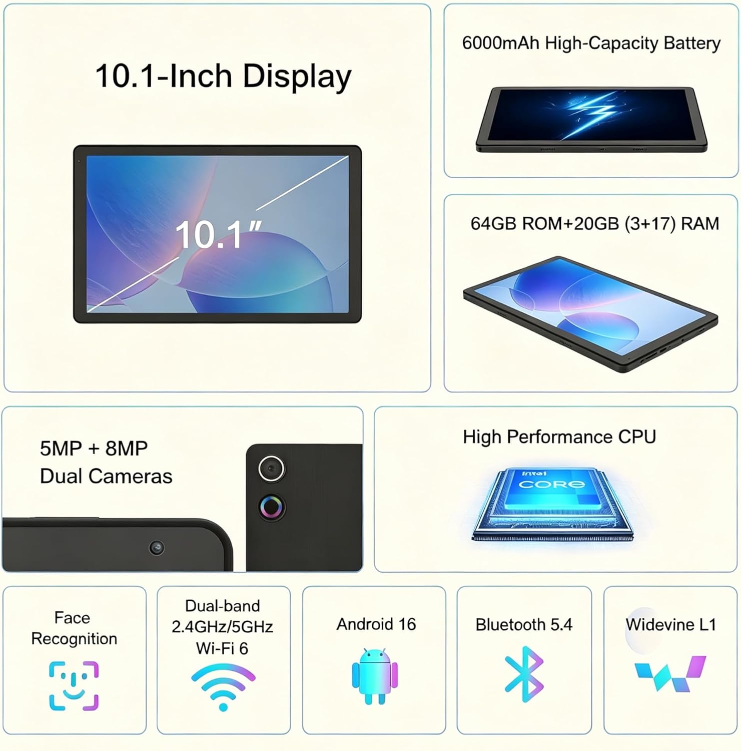Thumbnail 1 de Jeazans Latest 2026 Upgraded Android 16 10.1-Inch Tablet (IPS HD, Dual Camera, 64GB + up to 1TB Expansion)