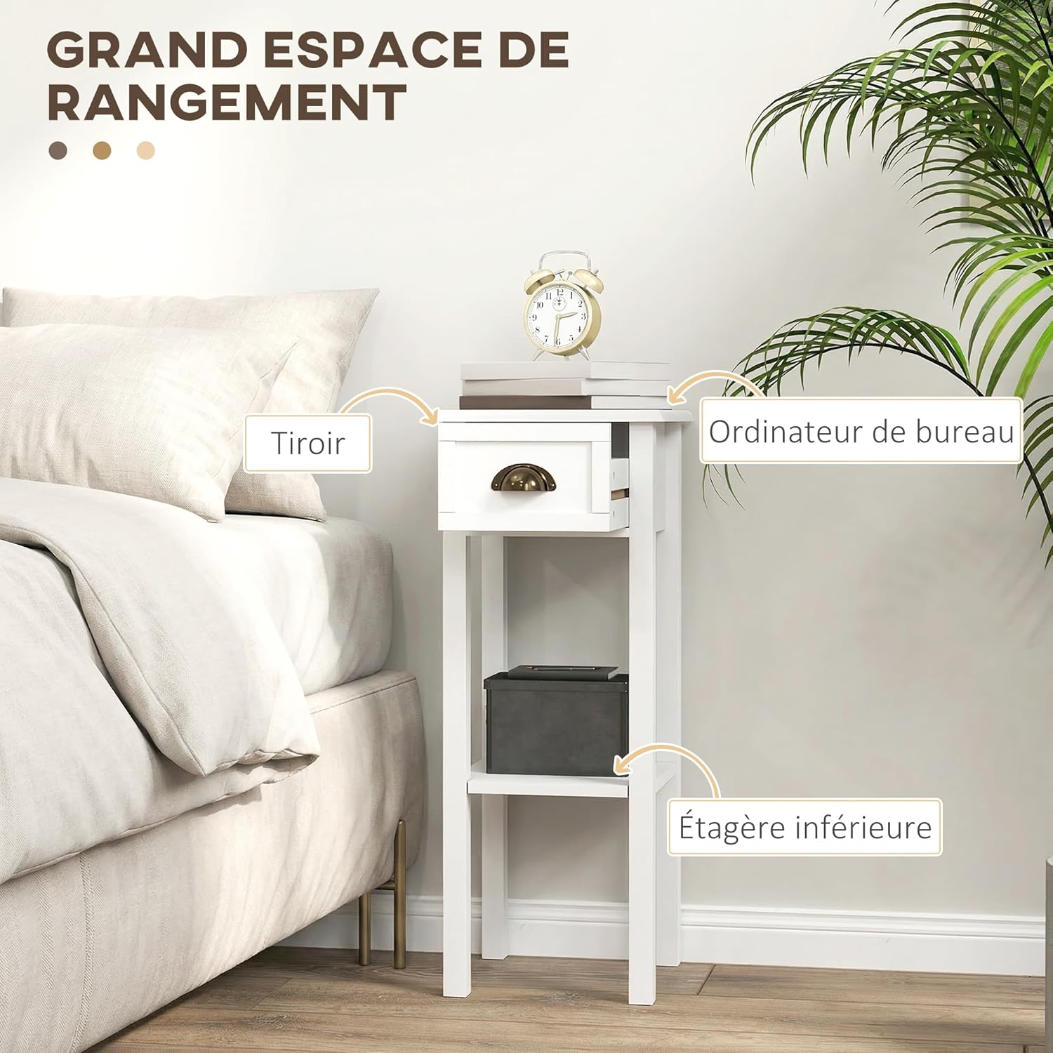 Thumbnail 3 de HOMCOM lot de 2 tables d’appoint avec tiroir et étagère inférieure (style sophistiqué), blanc