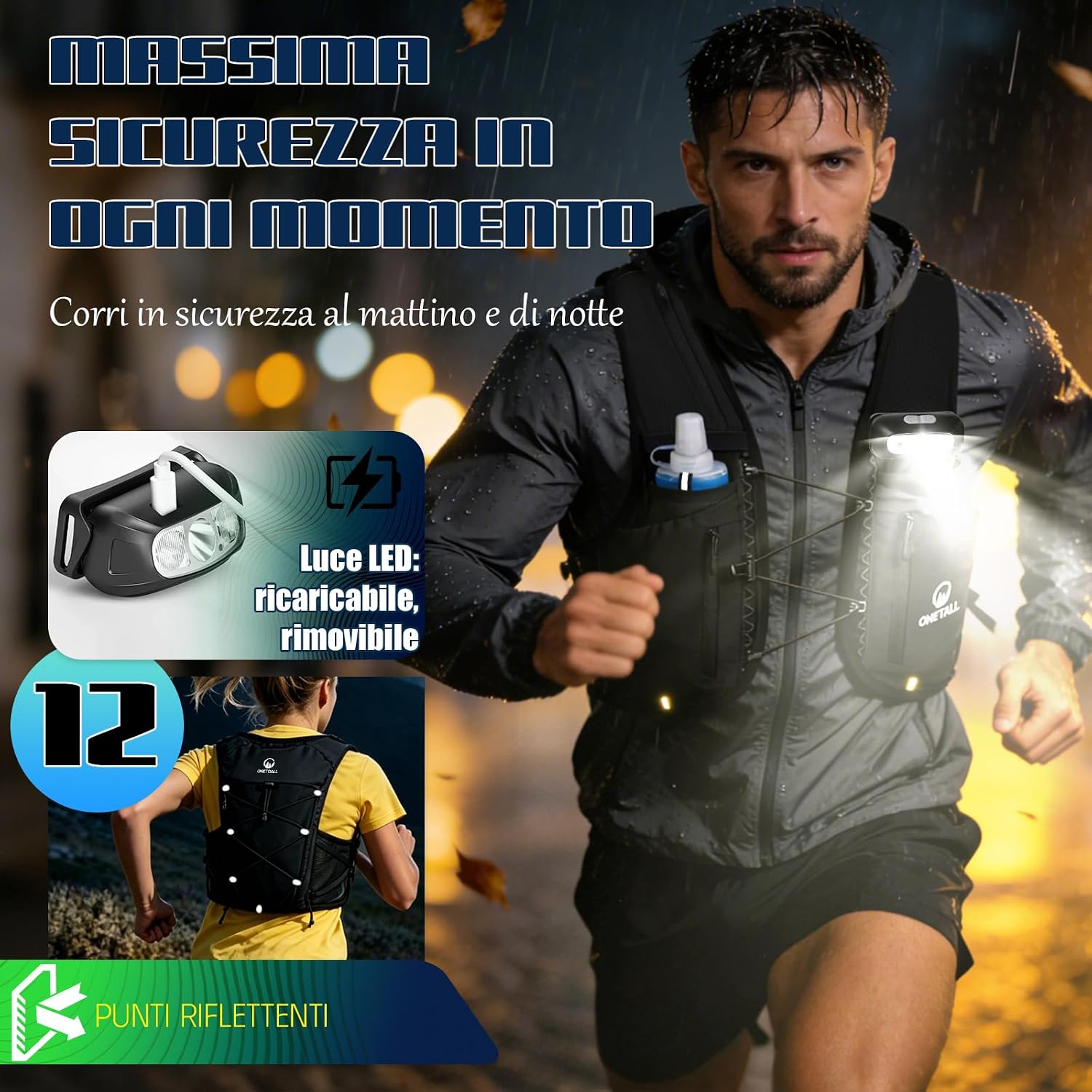 Detalle de ONETOALL Gilet Running: zaino/gil® per trail con 2 borracce, LED e comfort ultraleggero