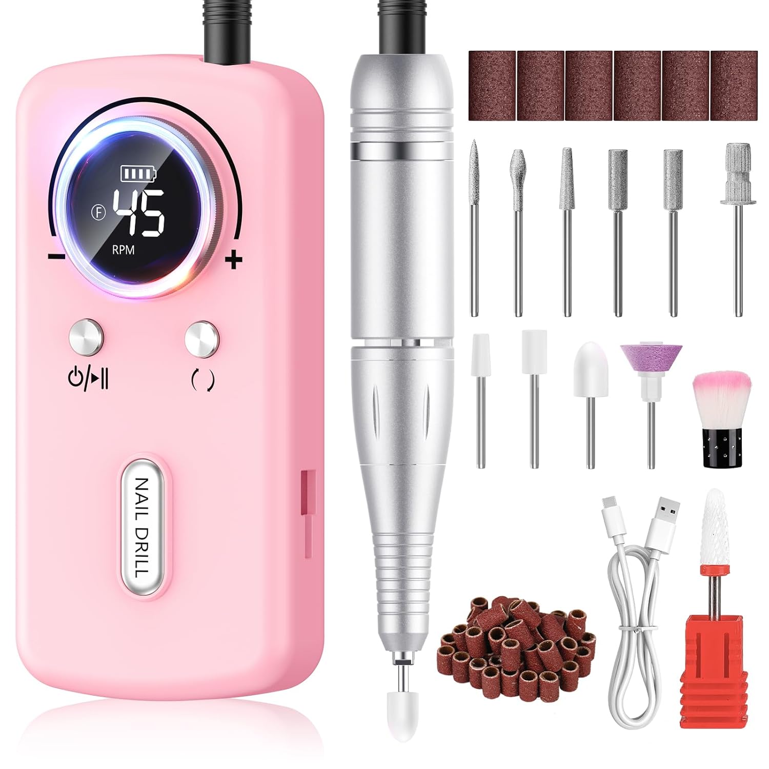 Detalle de PKBD 45000 u/m Professioneller tragbarer Nagelfräser mit 11 Aufsätzen – Für Acryl, Gel und Naturnägel
