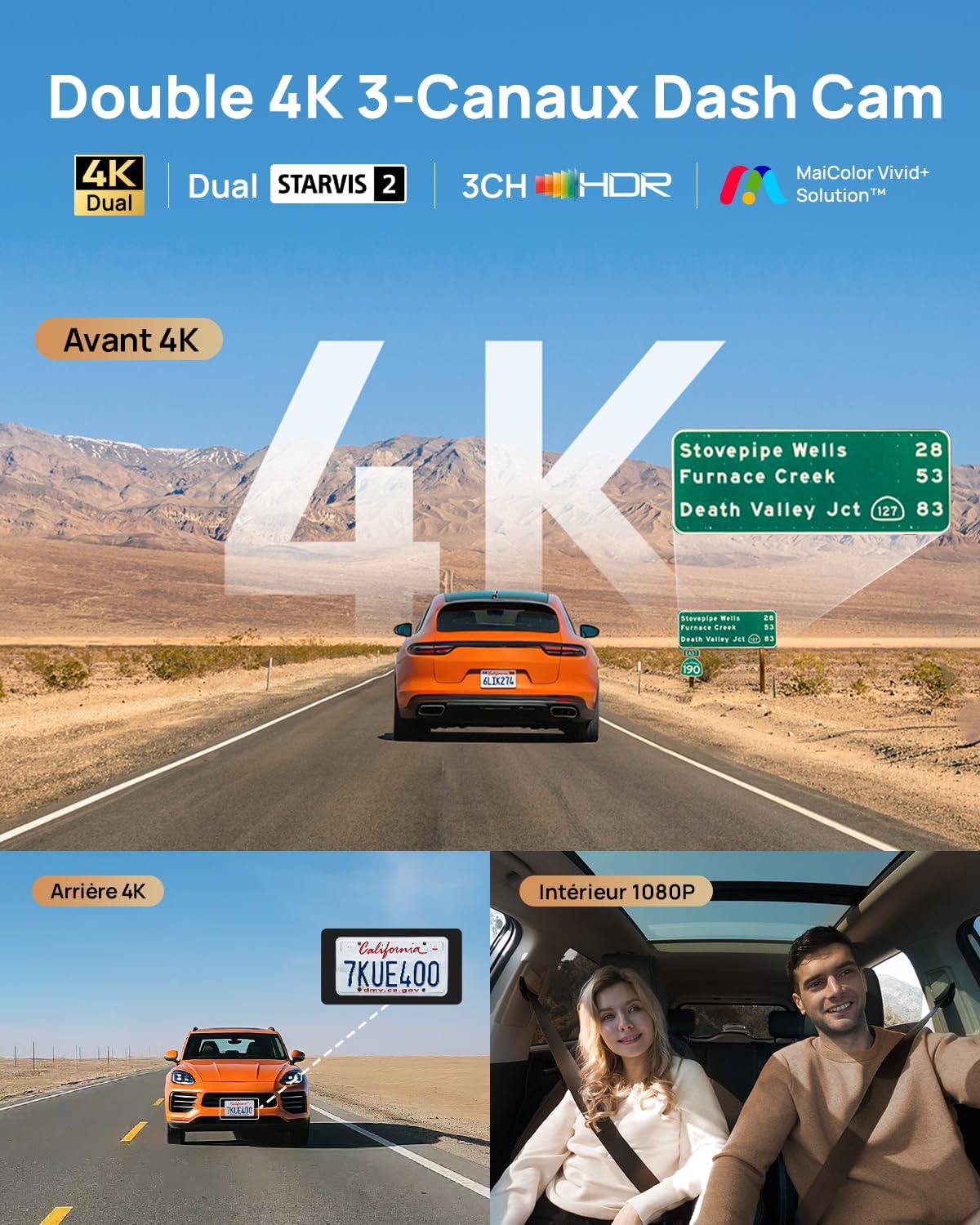Detalle 2 de 70mai Dashcam 4K T800 – 3 canaux: front 4K + rear 4K + intérieur 1080P, HDR, 4G et IA