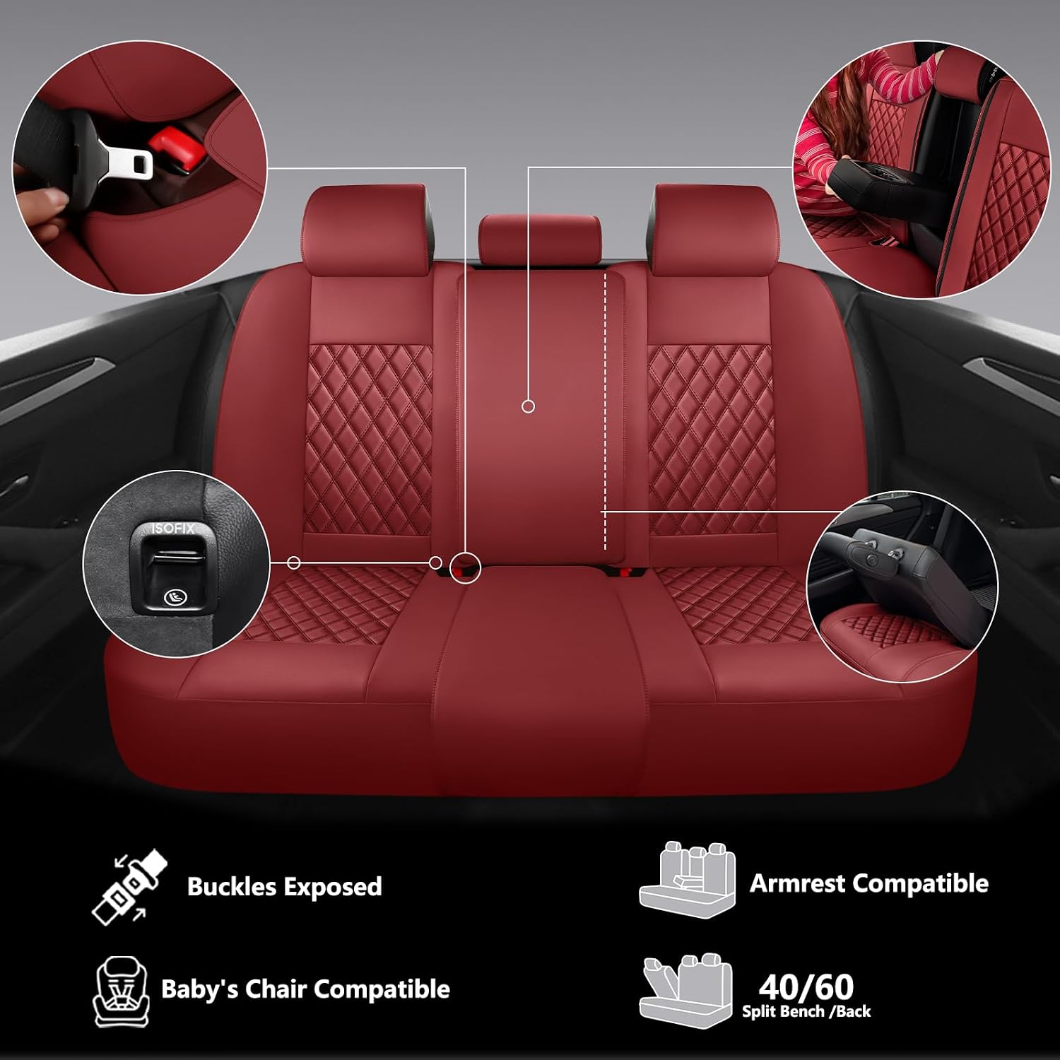 Detalle de CHOCMONS Car Seat Covers Full Set (Universal Fit) in Wine Red — Faux Leather, Airbag-Compatible