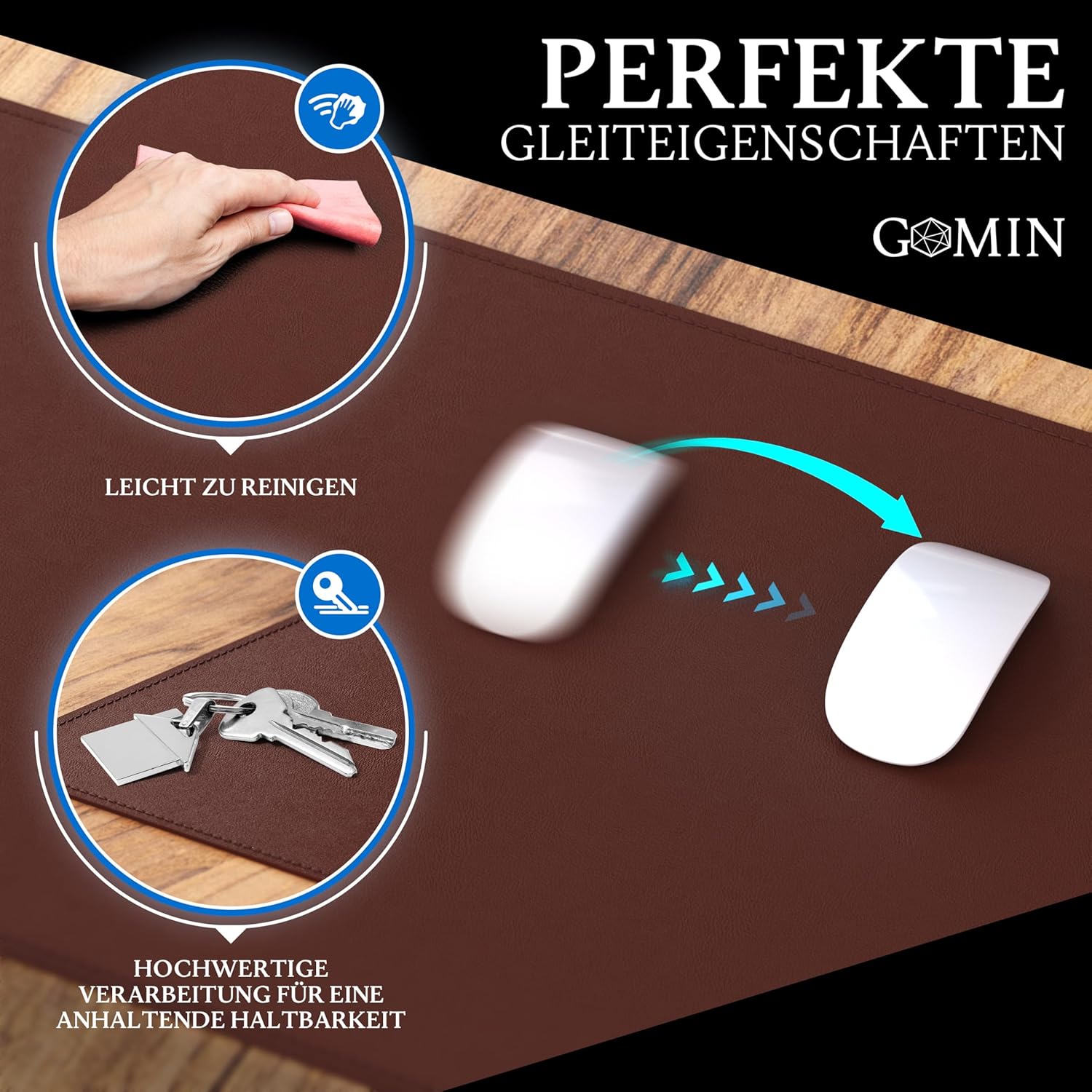 Thumbnail 5 de GOMIN Schreibtischunterlage 80x40 cm – PU Leder, rutschfest und wasserdicht,Braun