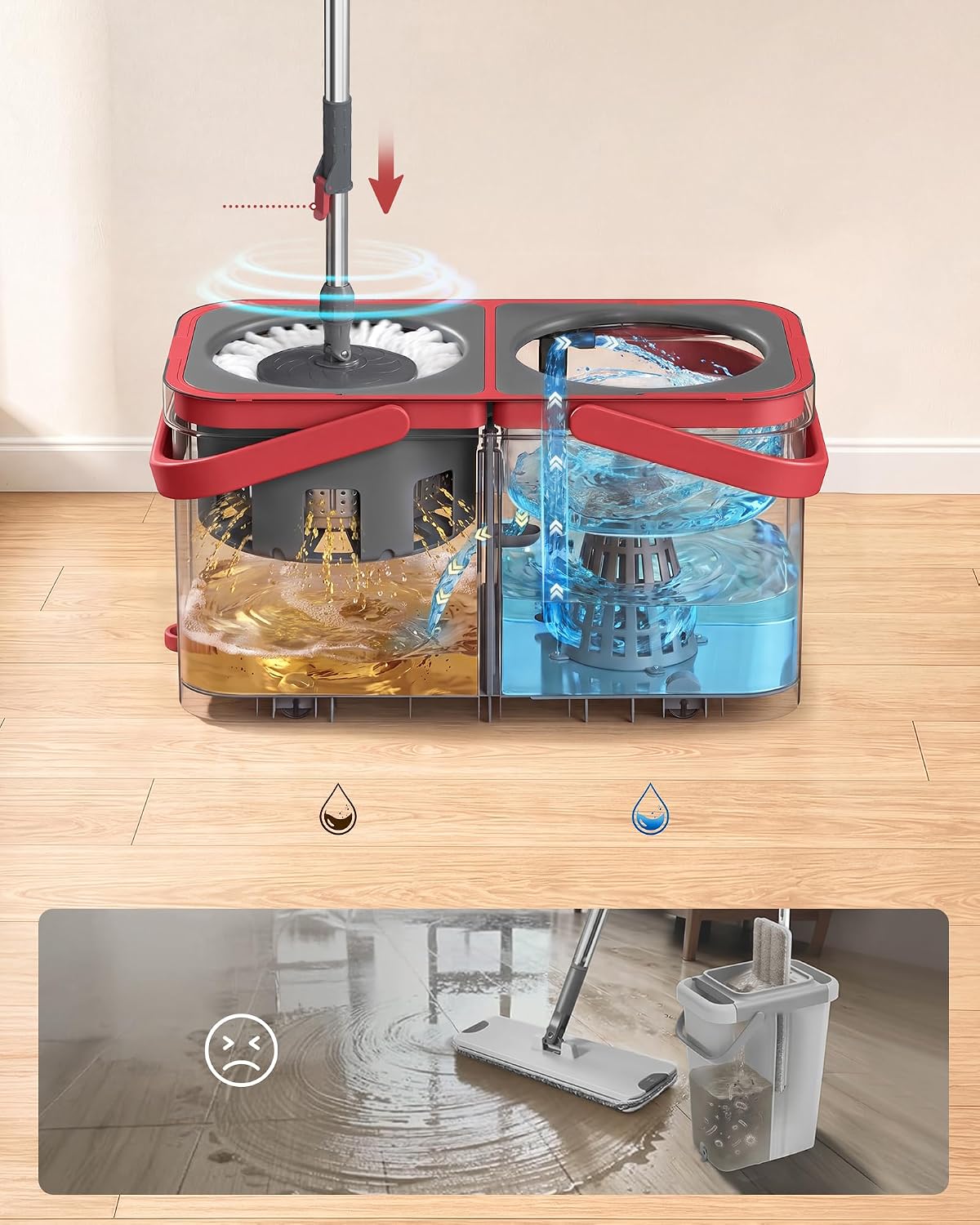Detalle de SONGMICS Clemax LMB004GT02 spinmop met emmer, schoon- en vuilwaterscheiding