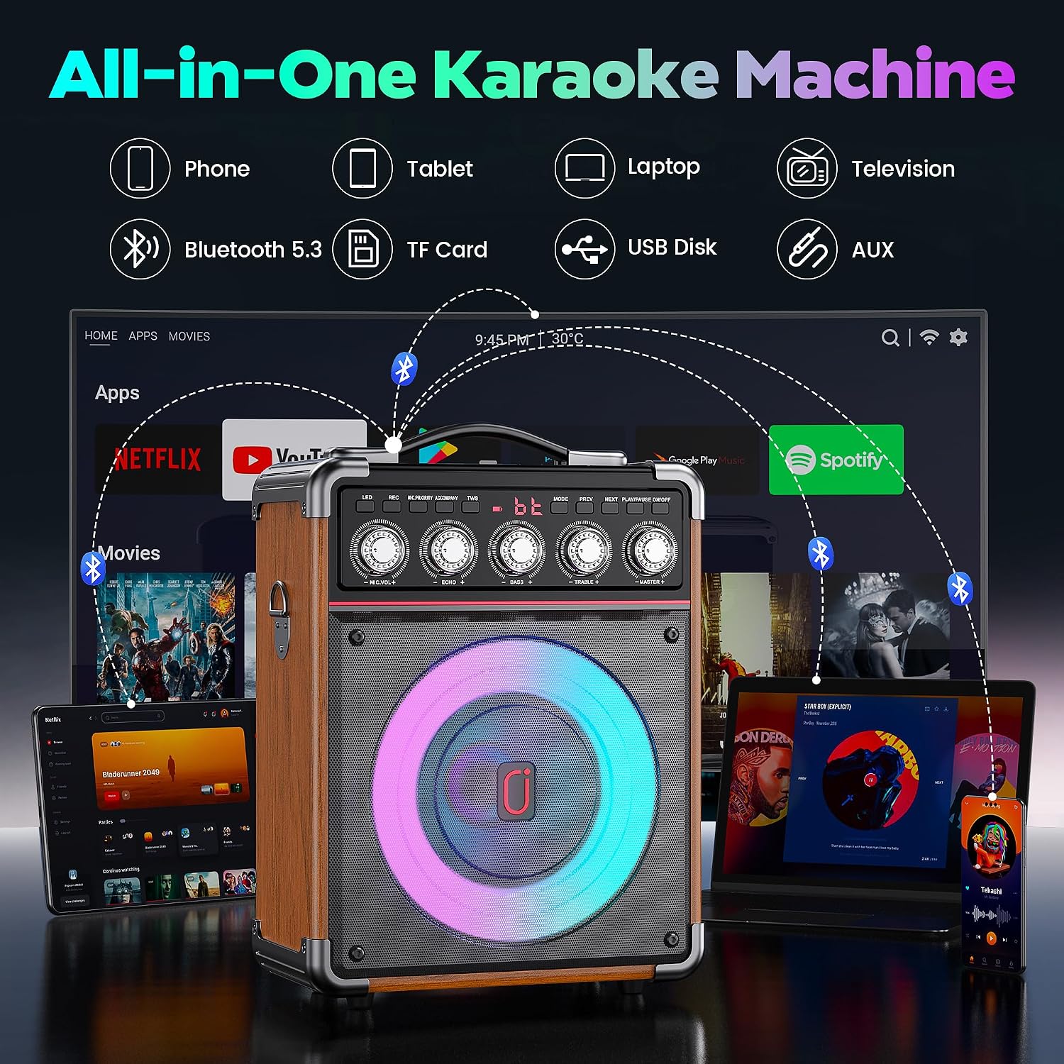 Detalle de TX05 Karaoke Machine for Adults with 2 Wireless Microphones – Portable 100W Bluetooth PA System