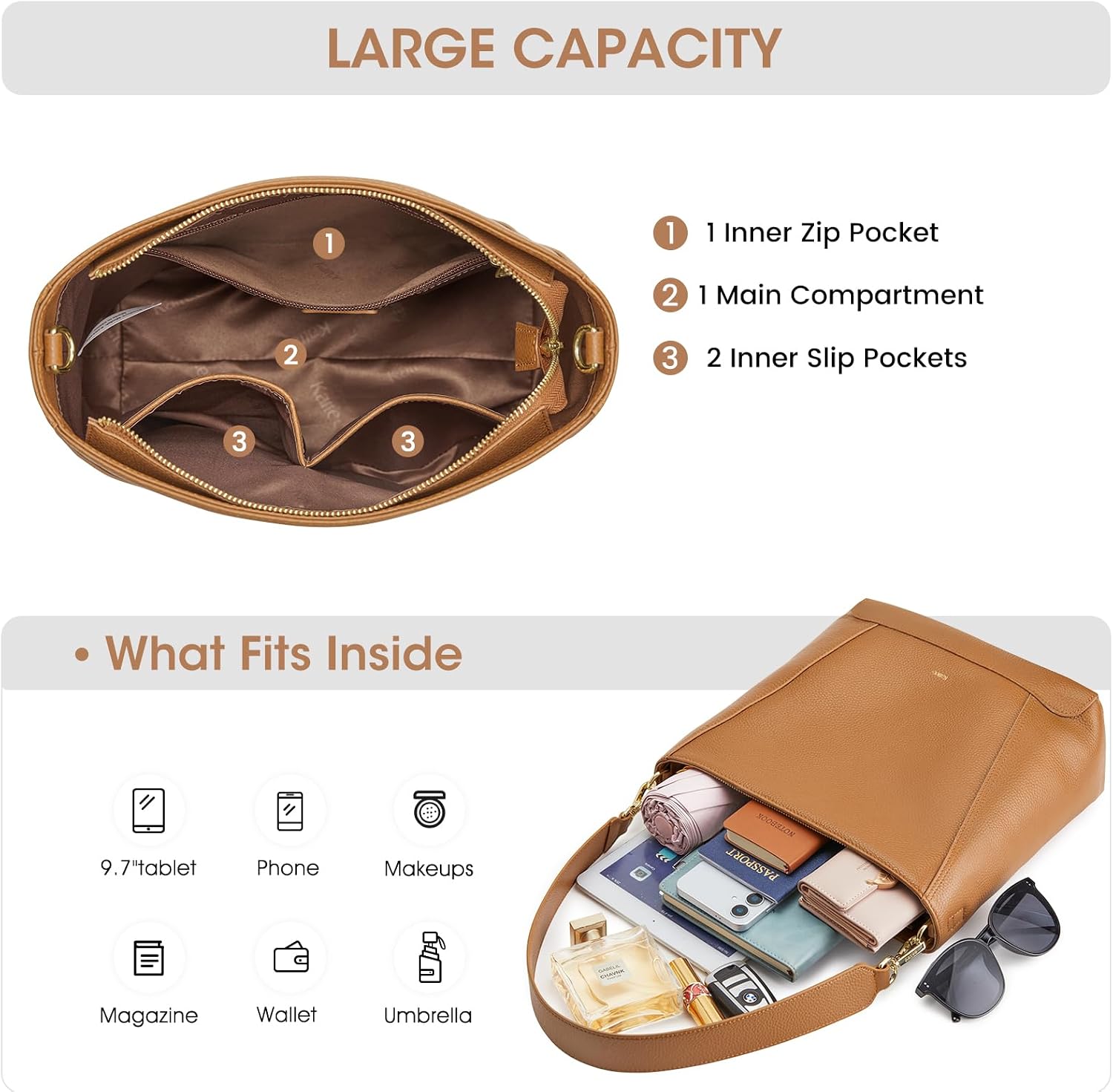 Thumbnail 3 de Kattee Top Grain Leather Bucket Handbag with Crossbody Strap (Medium Hobo Shoulder Bag)