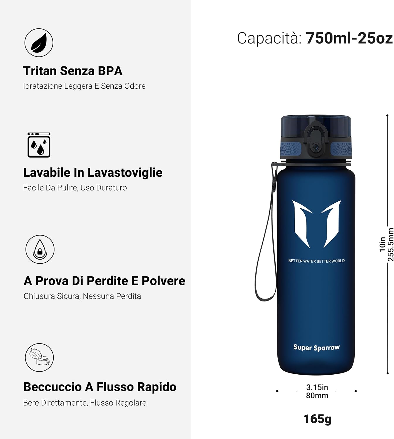 Detalle de Super Sparrow borraccia sportiva per bambini senza BPA (350 ml–1,5 L) con tappo a prova di perdite