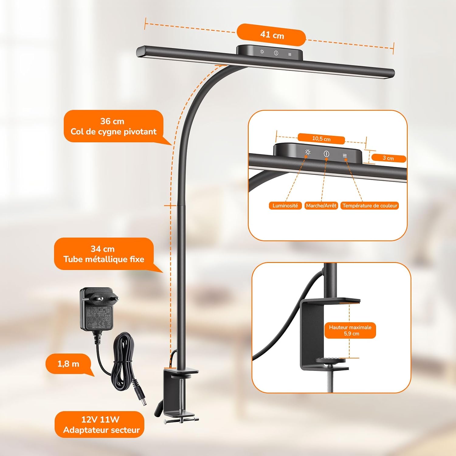 Detalle 2 de Lampe de bureau Lepro 11W à pince flexible, 5 modes couleur et 5 niveaux de luminosité (gris)