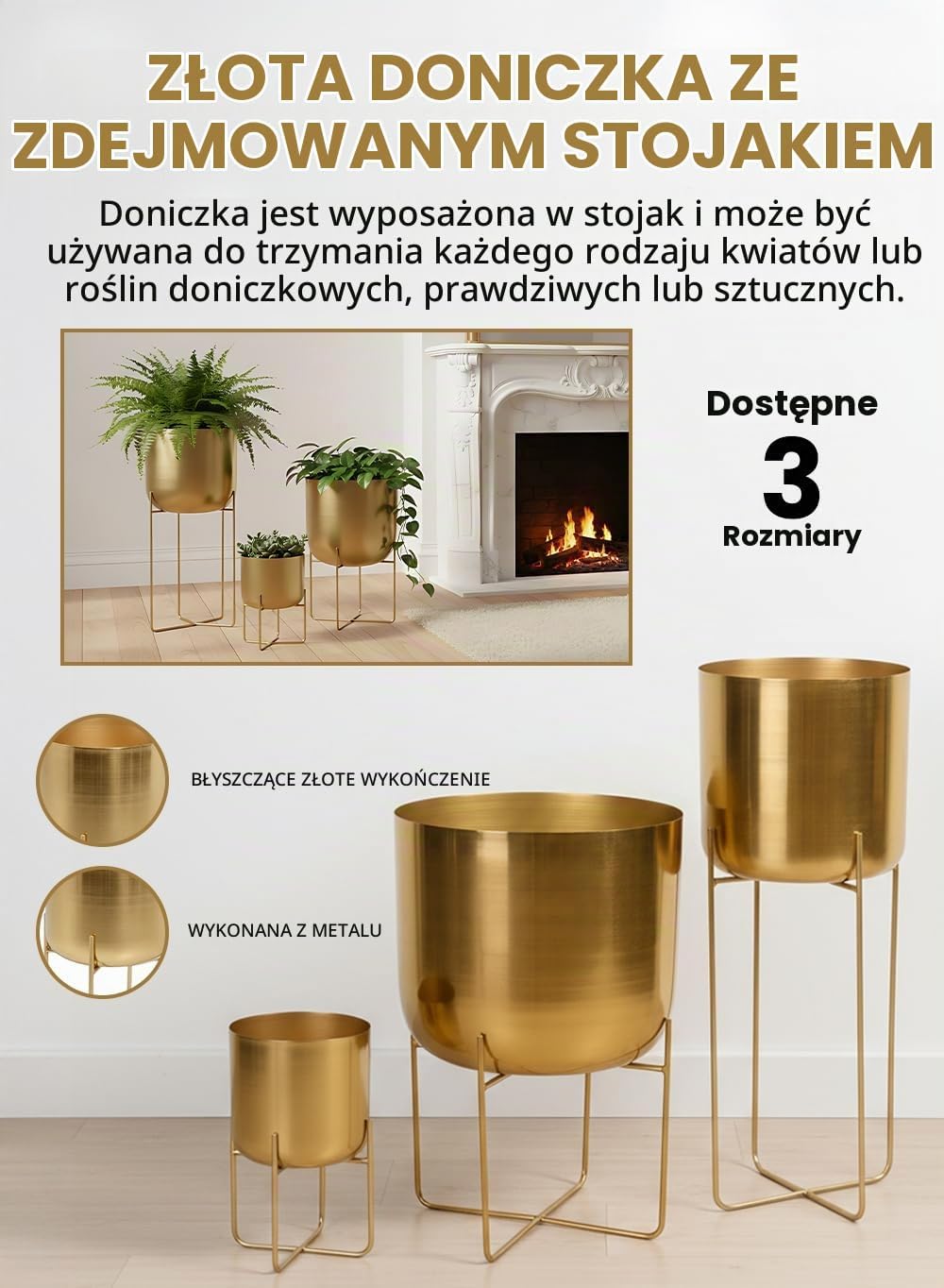 Detalle de Serene Spaces Living SSLIMGP30GOLDFBA – złota metalowa donica ze stojakiem, 66 cm