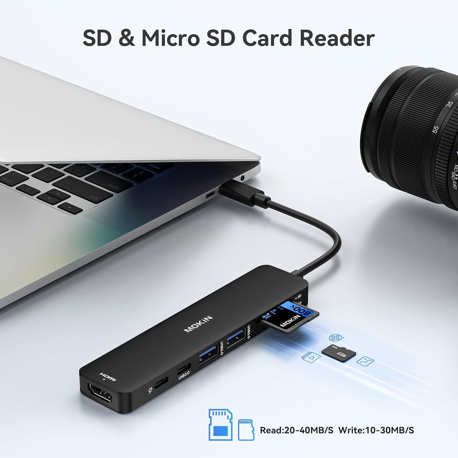 Detalle de MOKiN 7-in-1 USB C HDMI Hub for MacBook Pro/Air: 4K @60Hz, 2x USB 3.0, SD/microSD, 100W PD