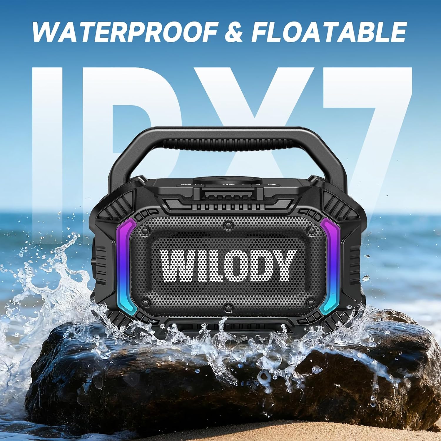 Detalle 2 de Wilody 100W tragbarer Bluetooth-Lautsprecher (BT 5.3, TWS, IPX7) mit RGB-Licht & 20h Akku – L-Schwarz