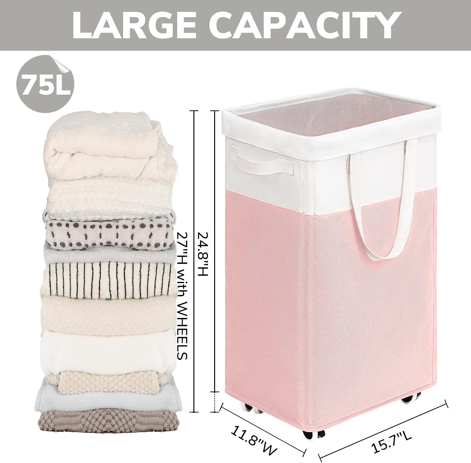 Detalle 2 de Goodpick Canvas07wheel75-pink white 2-Pack Rolling Laundry Hampers, 75L