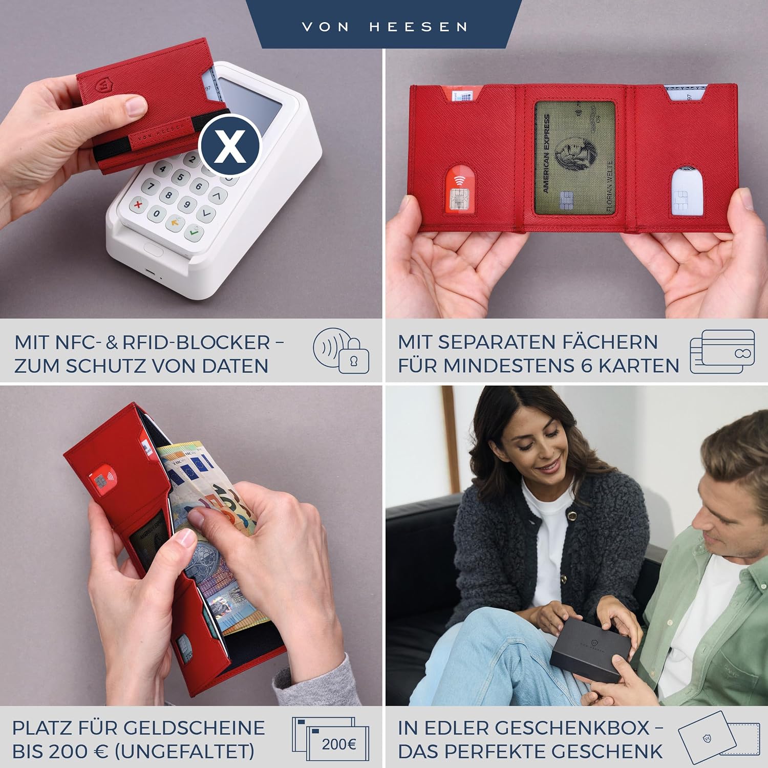 Detalle 2 de VON HEESEN Leder Slim Wallet Kartenetui 9x7 cm