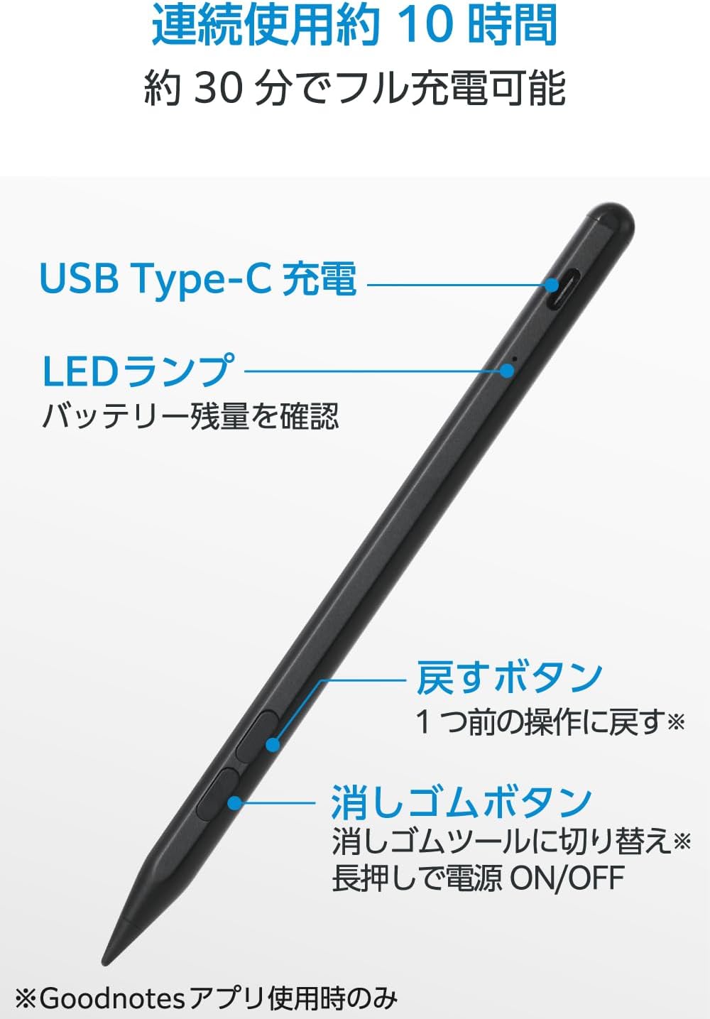 Detalle de エレコム P-TPACSTAP14WBK iPad専用タッチペン|Goodnotesボタン・傾き検知・急速充電