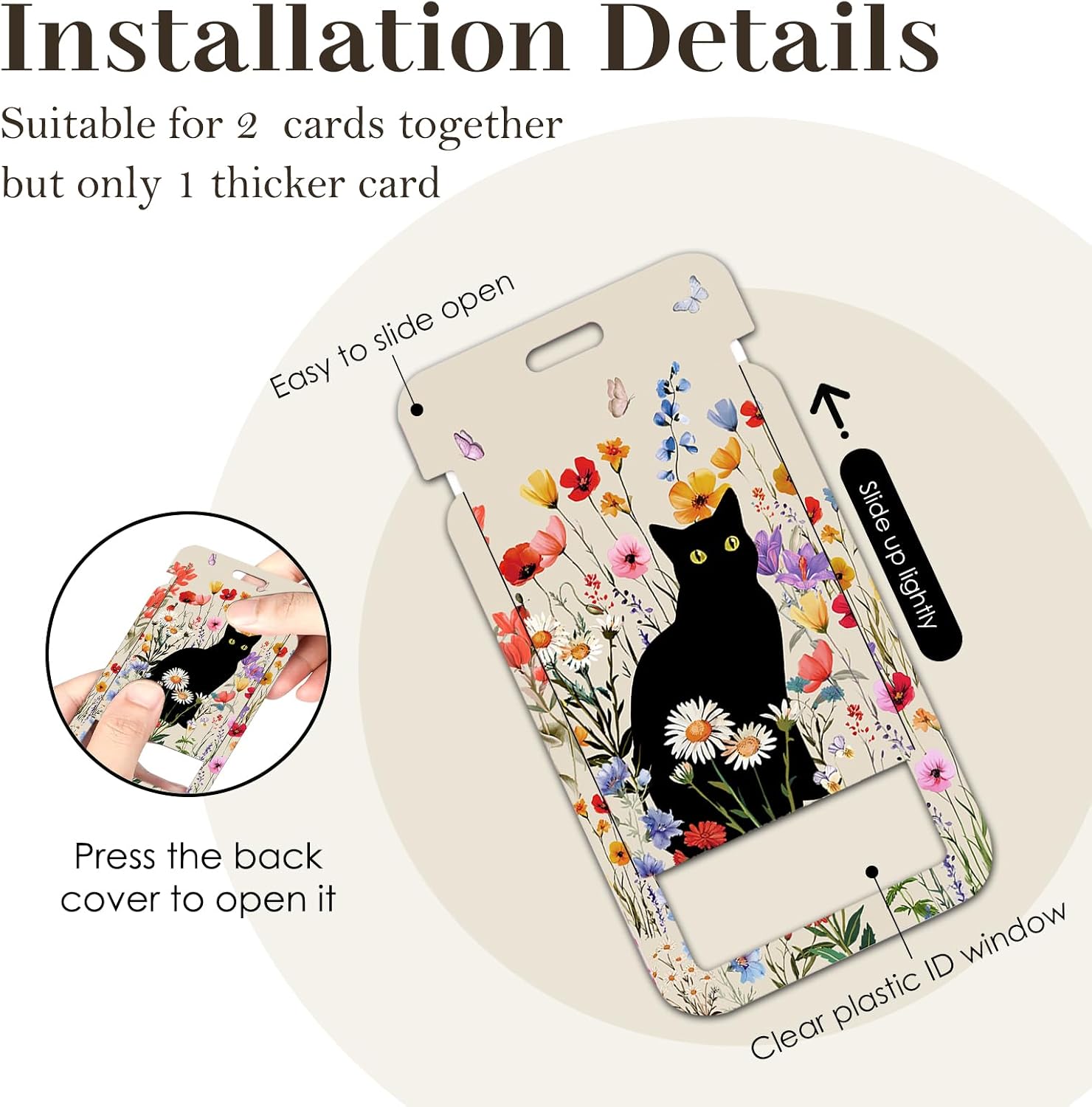 Detalle de Black Cat Lanyards ID Badge Holder with Retractable Reel and Floral Design