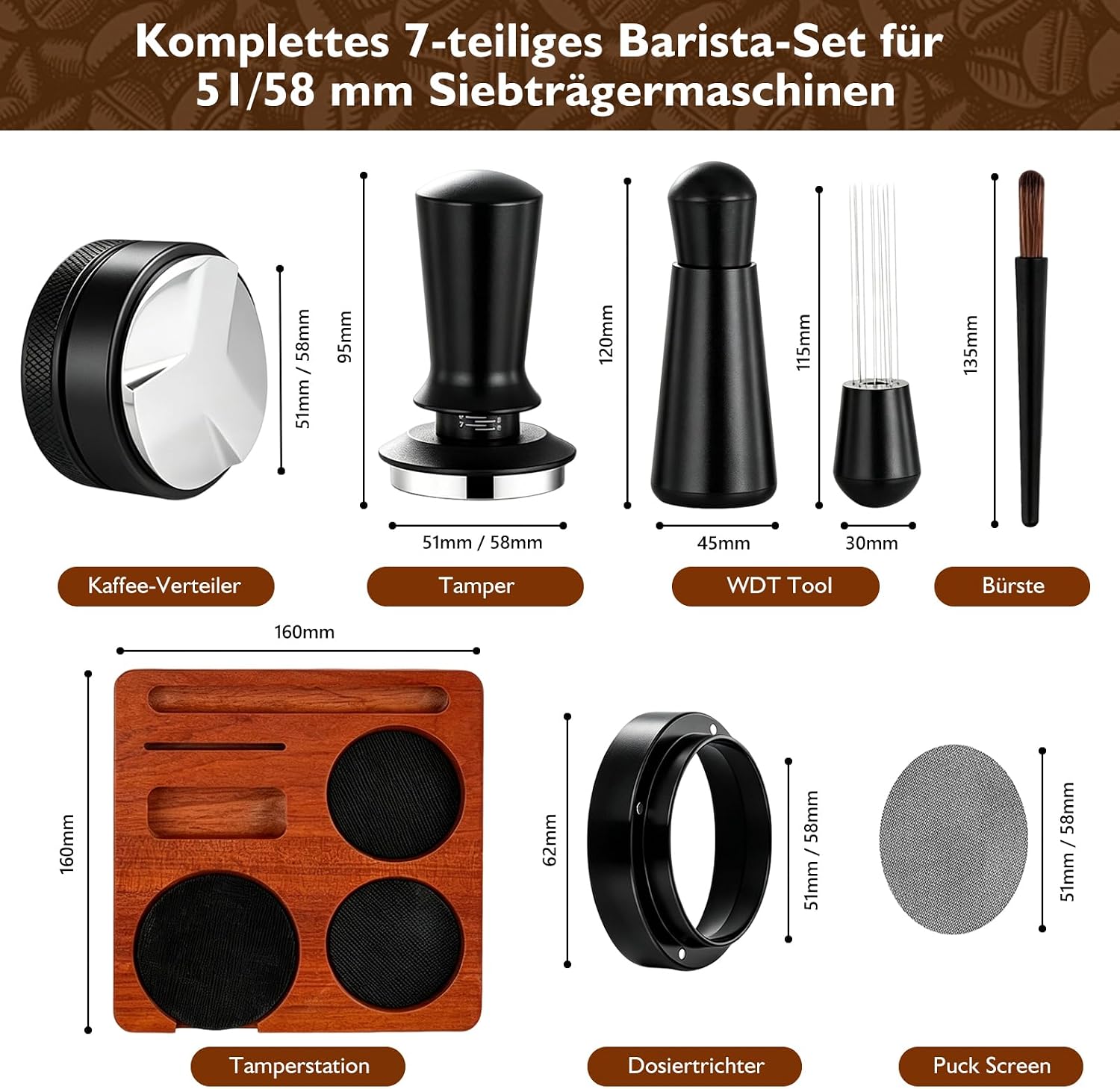 Thumbnail 1 de TENGIZUOHZ Espresso Tamper 58mm Set – 7-teiliges Barista Zubehör