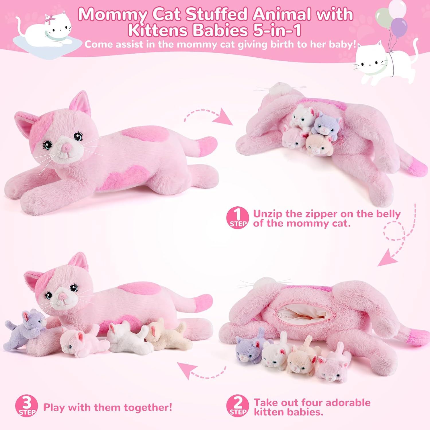 Thumbnail 1 de Gnomantic 5-Piece Mommy Cat Plush Set with 4 Kittens Inside the Belly (Pink) – Surprise Plush Toys for Ages 3–8