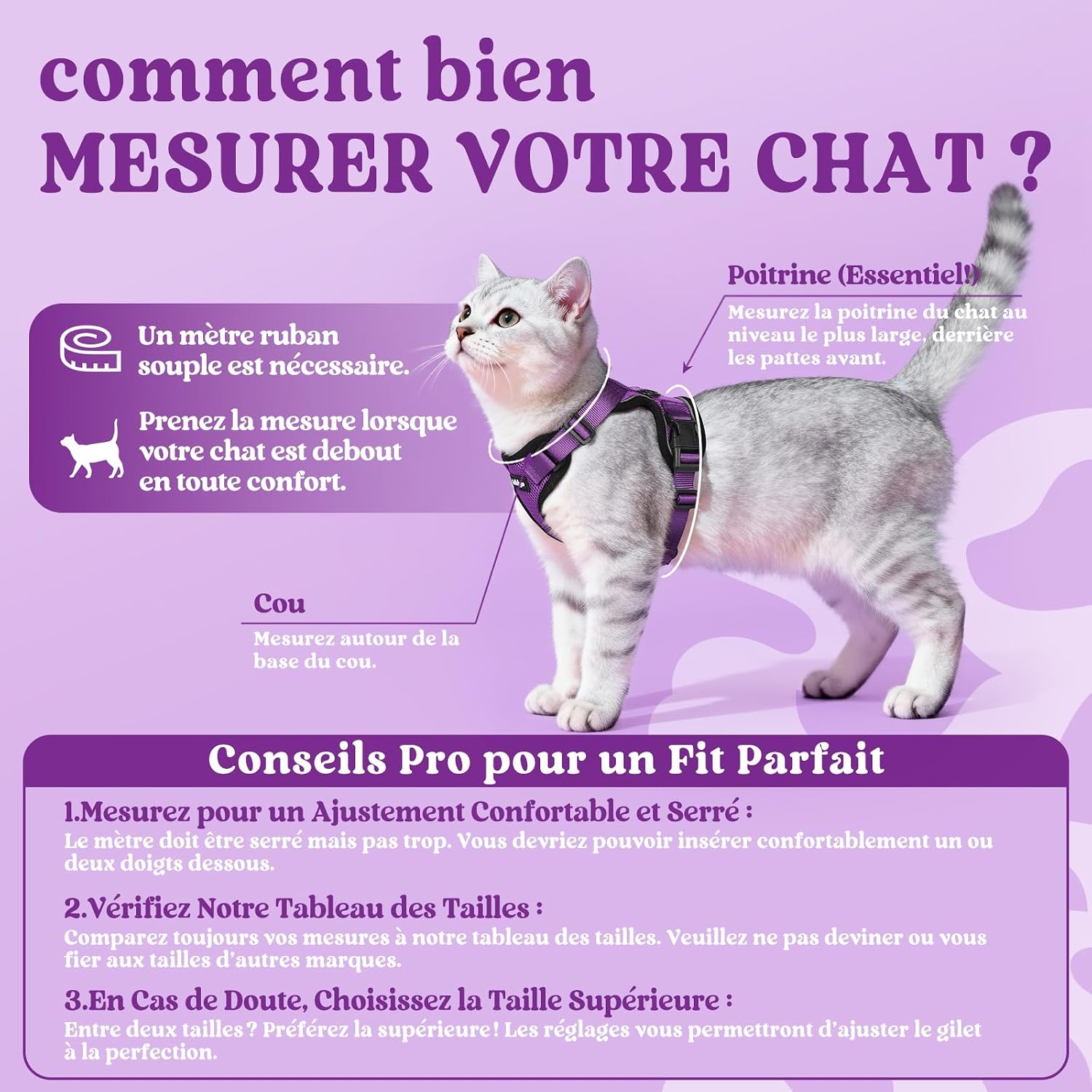Thumbnail 1 de rabbitgoo Harnais et laisse pour chat violet taille XS : harnais souple réglable anti-fugue