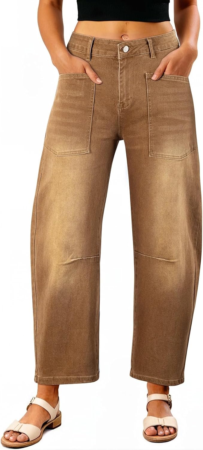 Detalle de EVALESS Barrel Jeans for Women, High-Waisted Stretch Denim, Relaxed Cropped Fit