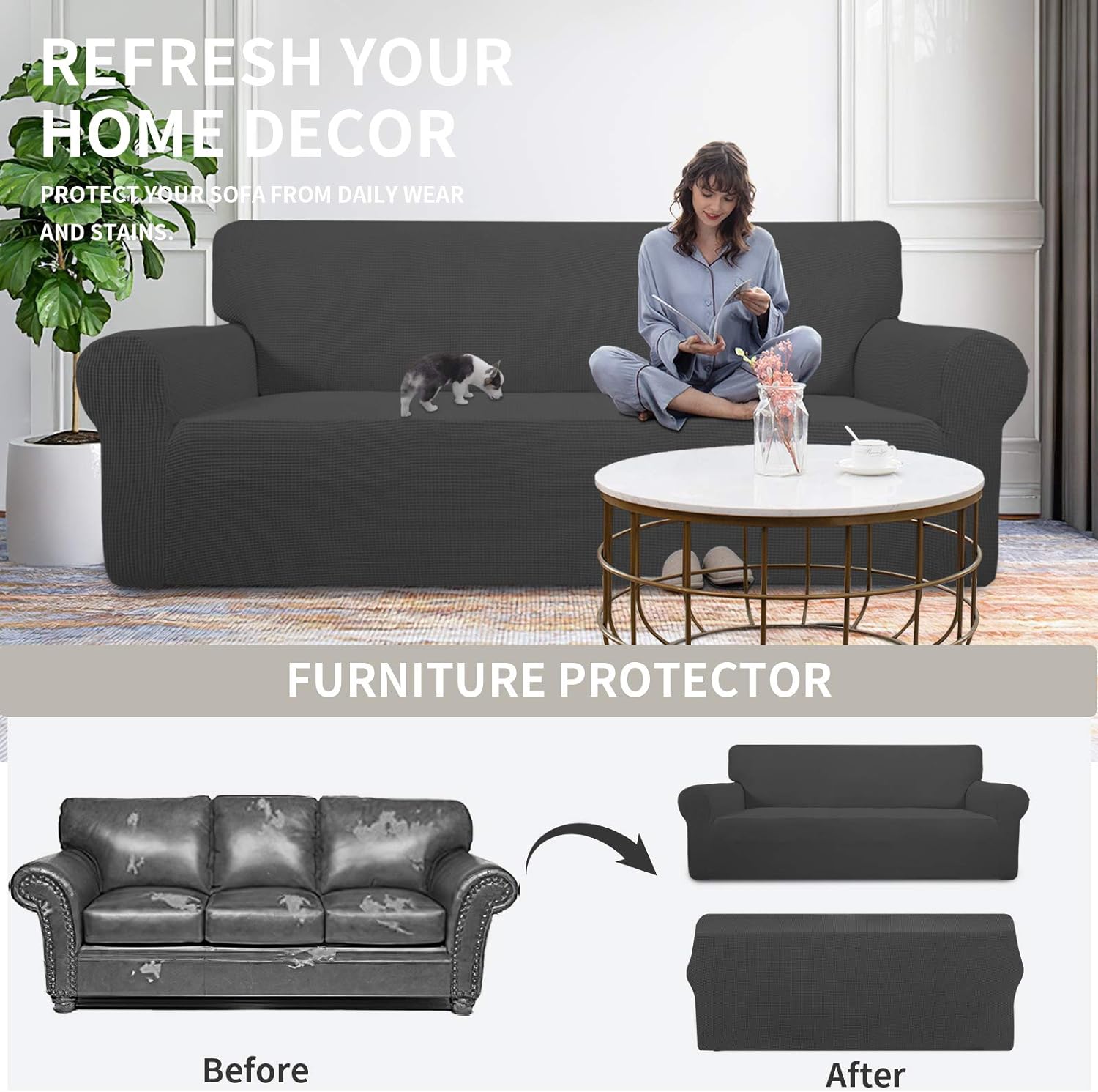 Thumbnail 3 de Easy-Going Stretch Loveseat Slipcover (1-Piece) Dark Gray, Soft Jacquard Fabric with Elastic Bottom