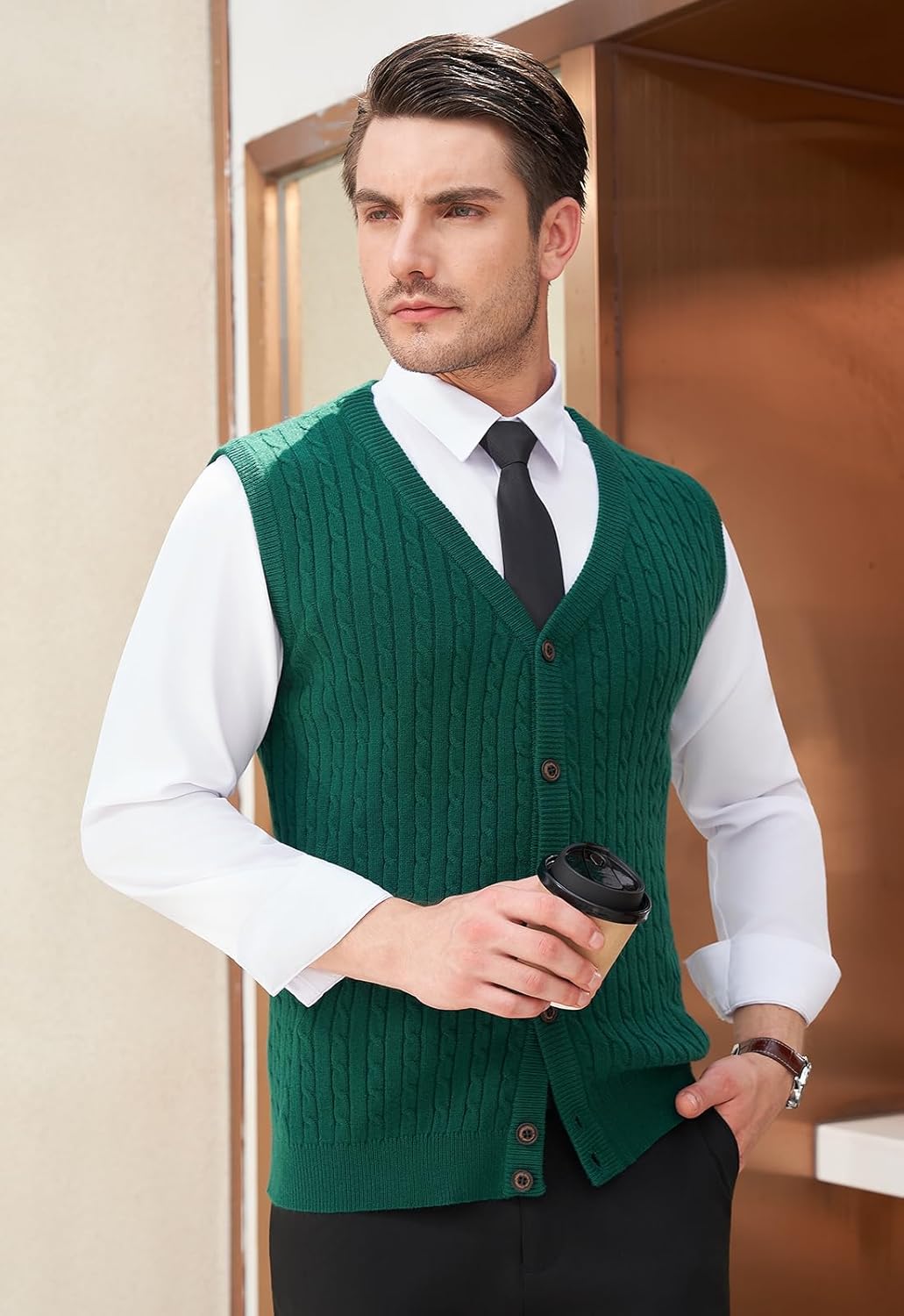 Thumbnail 4 de KUYIGO Men's V Neck Knitted Gilet Vest with Buttons – Premium Cable-Knit Tank Top