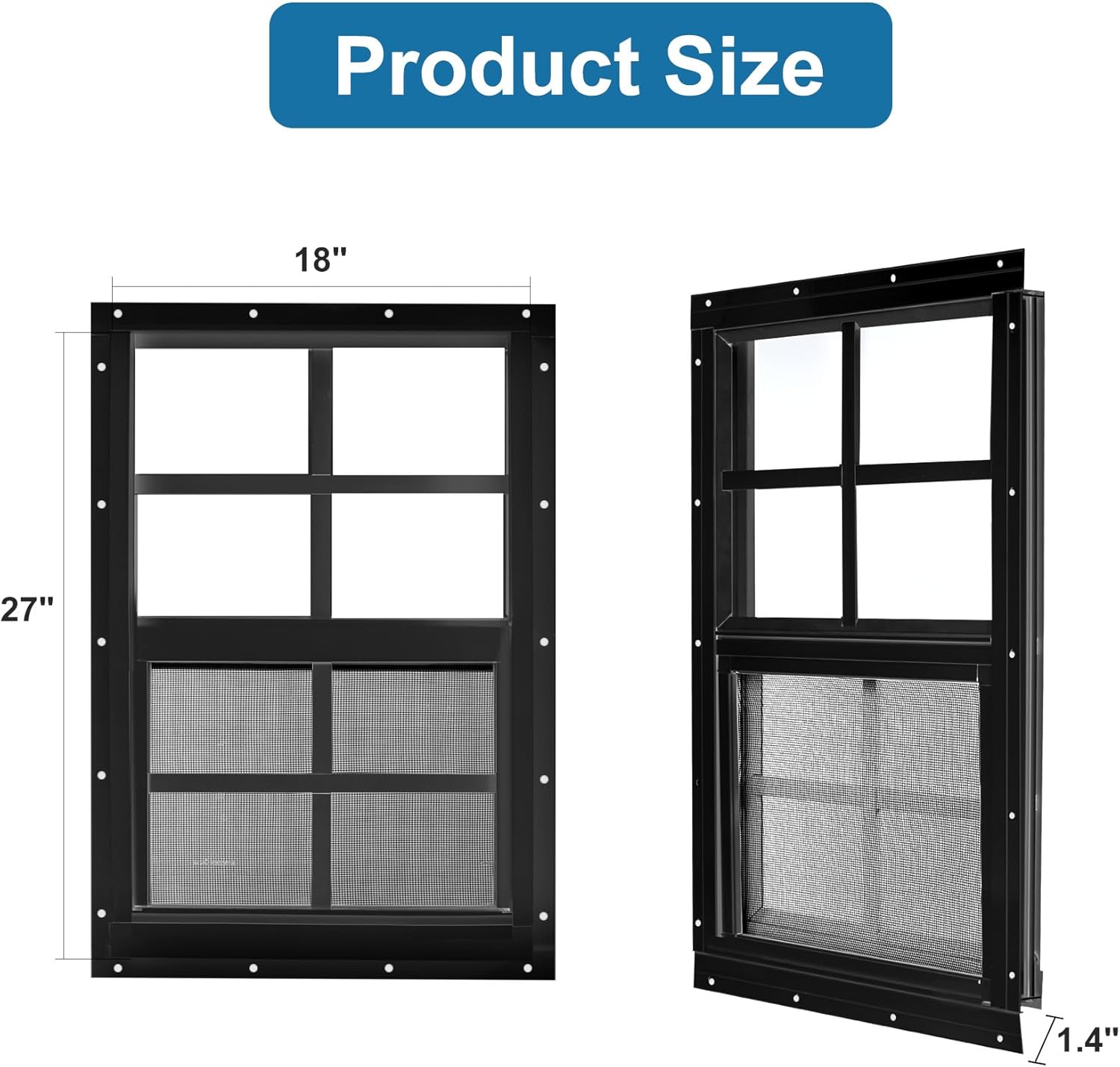 Thumbnail 1 de ktondic 2 Pack Shed Window 18"x27" Black Flush Mount — Durable Aluminum, Tempered Glass & Fiberglass Screen