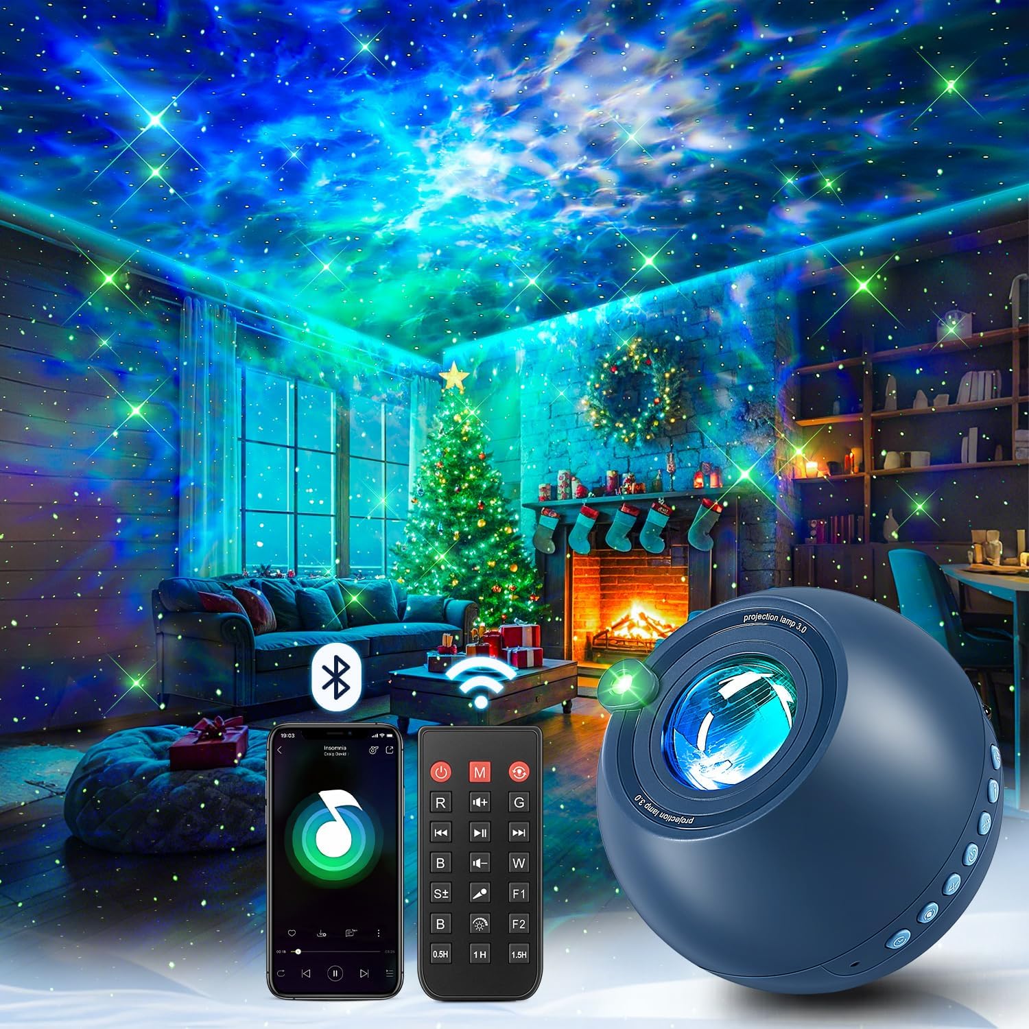 Detalle de One Fire Sternenhimmel Projektor – 15 Farben, 15 Einschlaflieder, Bluetooth & Fernbedienung