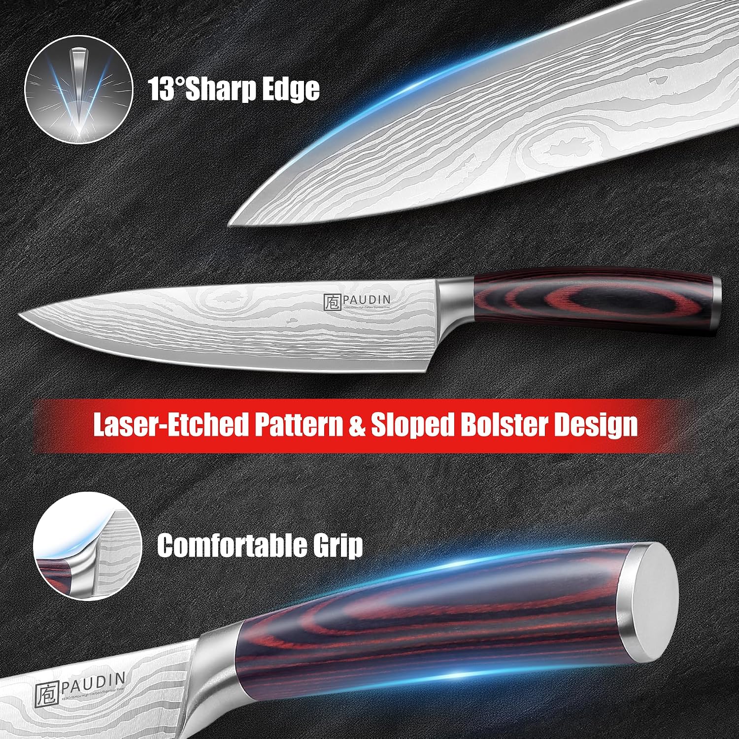 Detalle 2 de PAUDIN 8-Inch Chef Knife, High-Carbon Stainless Steel, Wood Handle