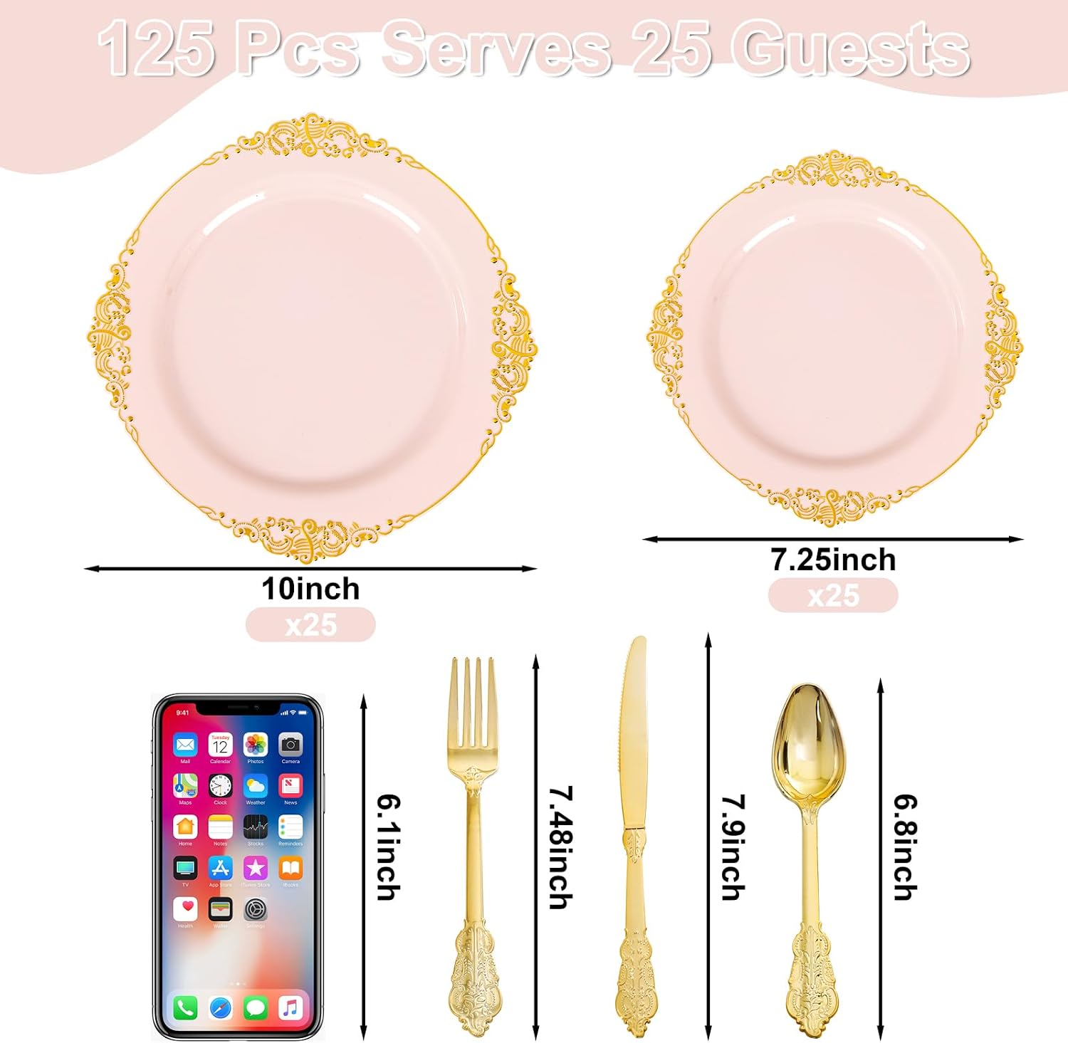 Detalle de Joyido 125PCS Pink and Gold Plastic Plates with Silverware Set for 25 Guests