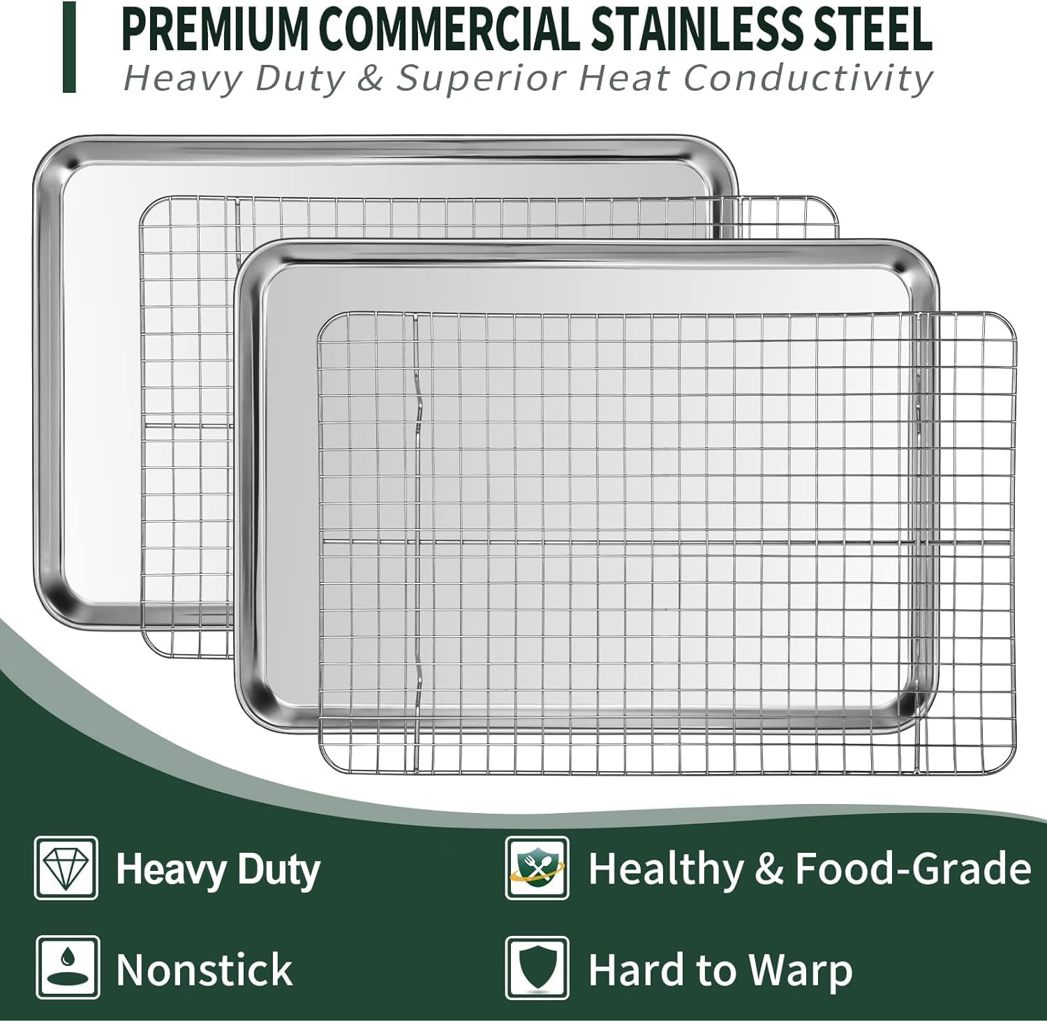 Detalle de CEKEE Quarter Sheet Pan with Cooling Rack Set — 2 Baking Sheets + 2 Racks, Stainless Steel, 12 x 9.8 x 1 Inch