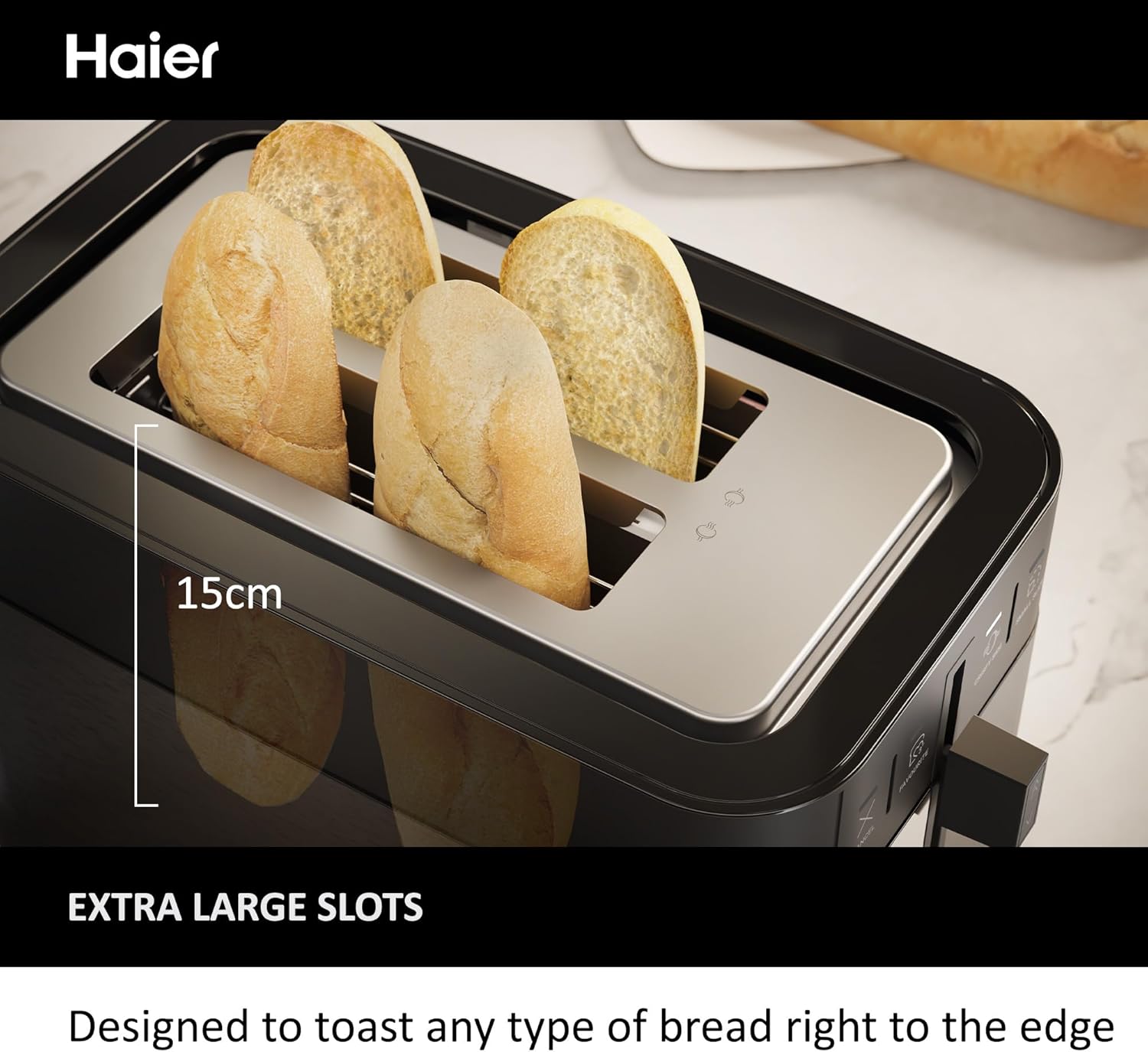 Detalle 2 de Haier I-Master Series 5 HTO5A3 1150W Digital 2-Slice Toaster with Extra Wide 15cm Slots