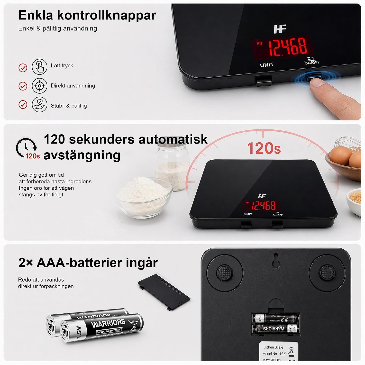 Thumbnail 6 de HomeFashion STOR köksvåg 20 kg med 1 g gradering och glasplattform 22 × 16 cm