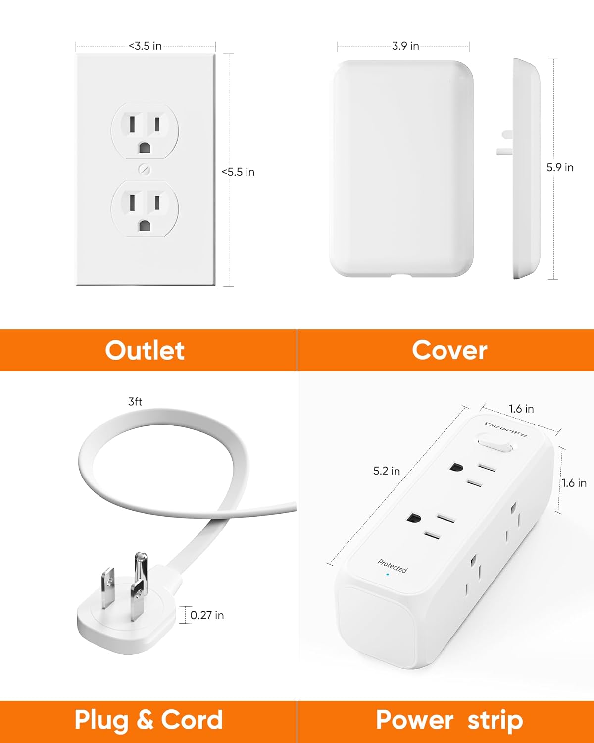 Detalle de Olcorife Flat Extension Cord with Outlet Cover — 6 Outlets, 3 ft, Flat Plug Power Strip