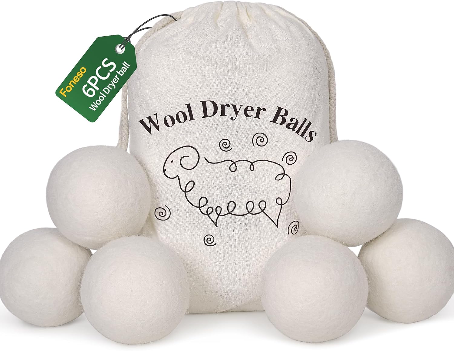 Detalle de Foneso 001 XL Wool Dryer Balls, 6-Pack, Reusable New Zealand Wool
