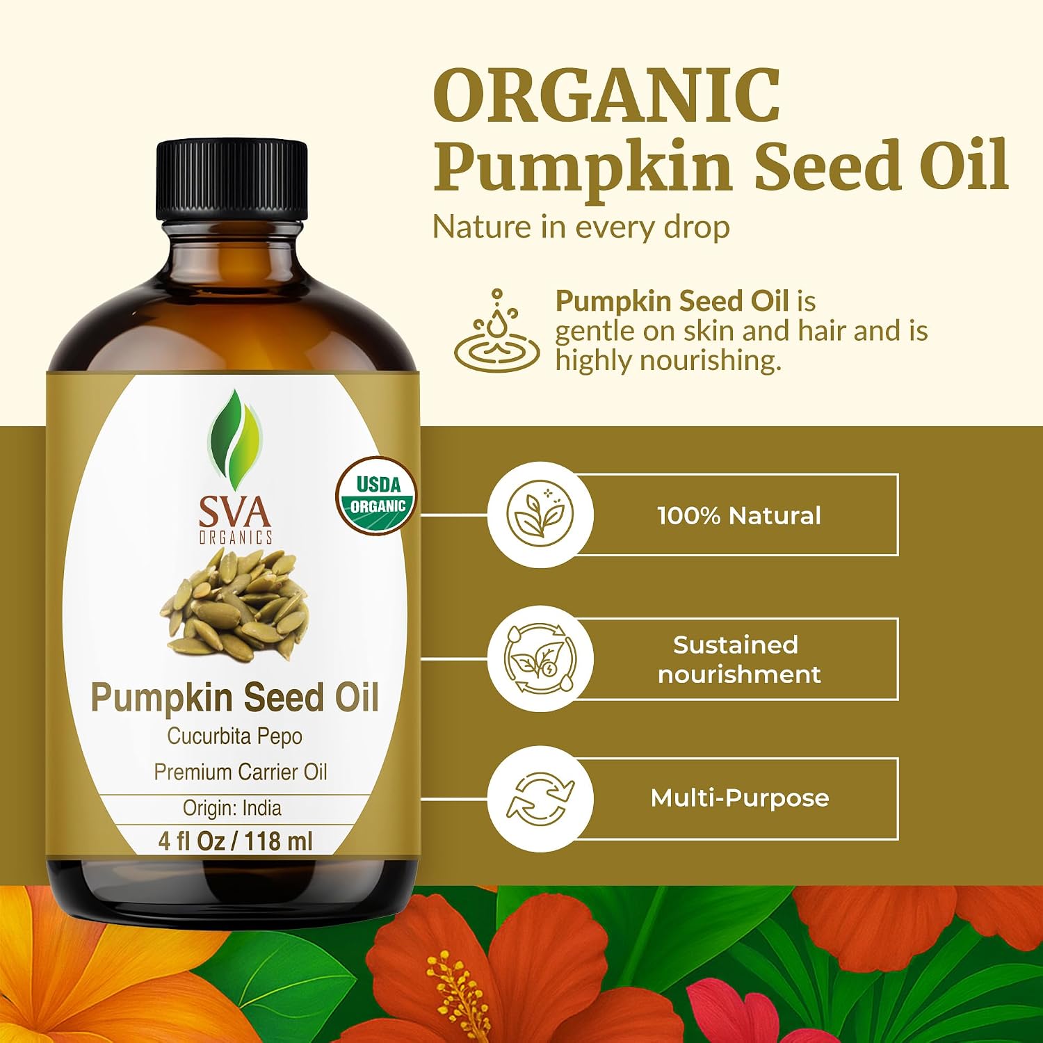 Detalle 2 de SVA Organic Pumpkin Seed Oil (4 Fl Oz) – 100% Natural Cold-Pressed Carrier Oil