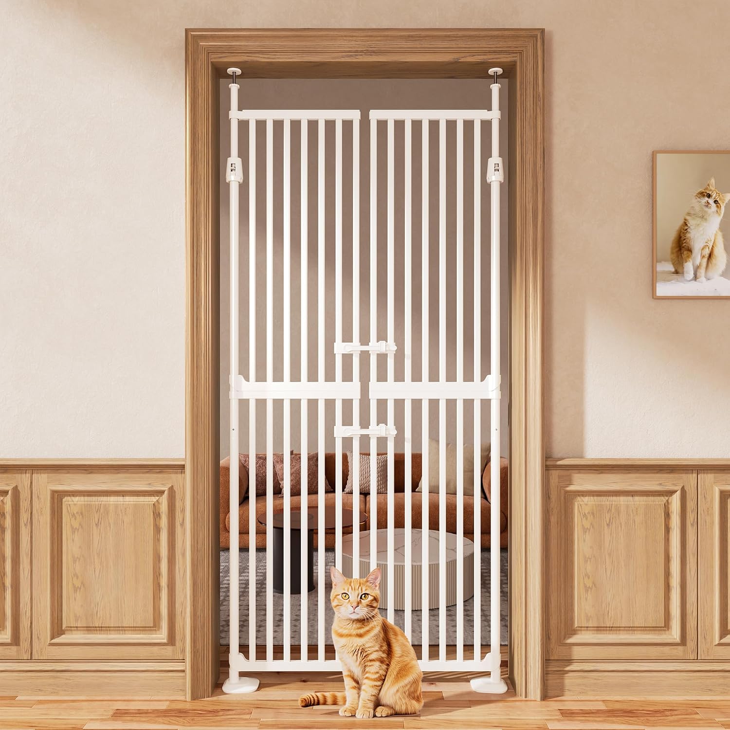 HAVLOTII Barrière de sécurité pour chat haute, 180,3 cm avec double porte et fermeture automatique (sans perçage)