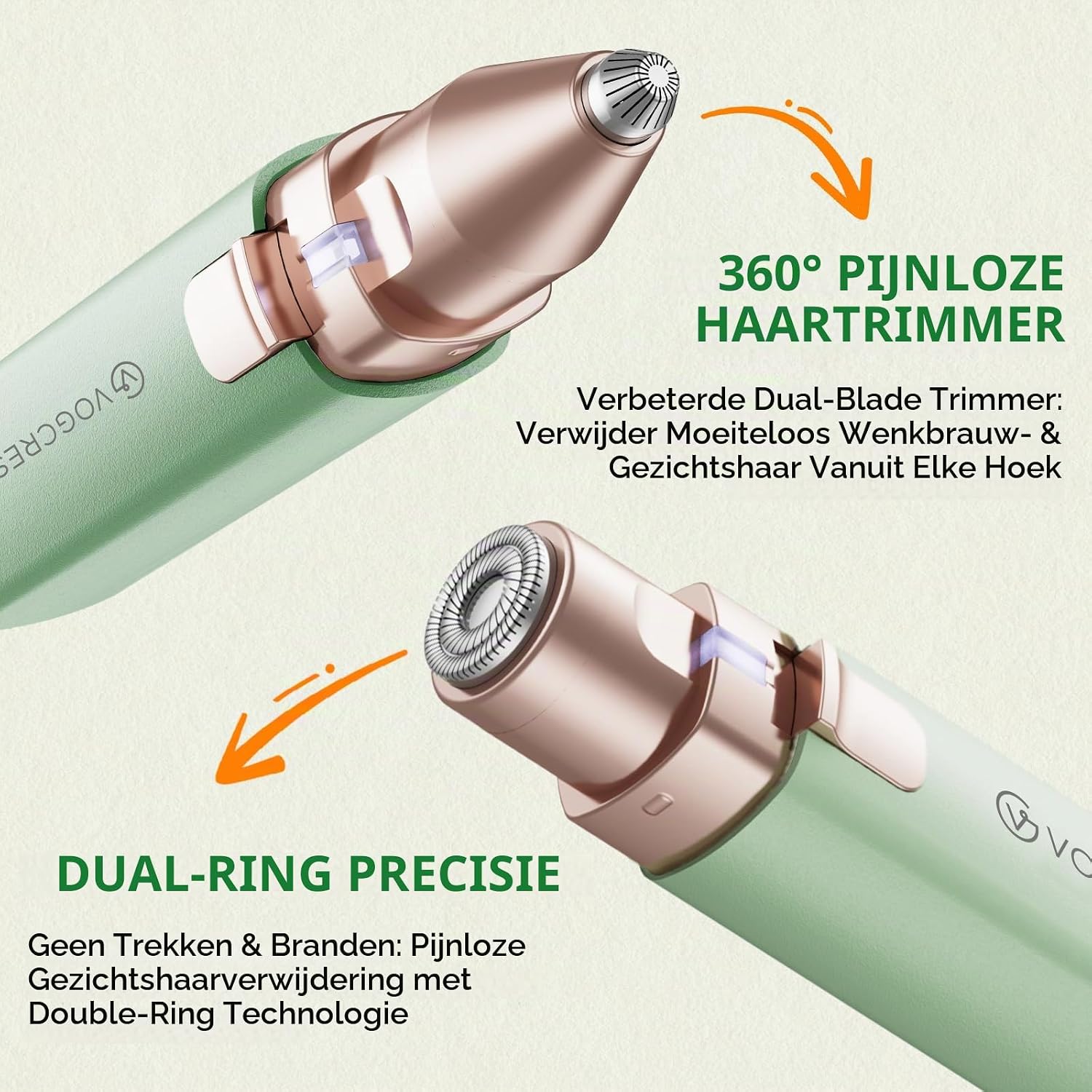 Detalle de VG VOGCREST 2-in-1 wenkbrauwtrimmer en gezichtshaarverwijderaar, groen