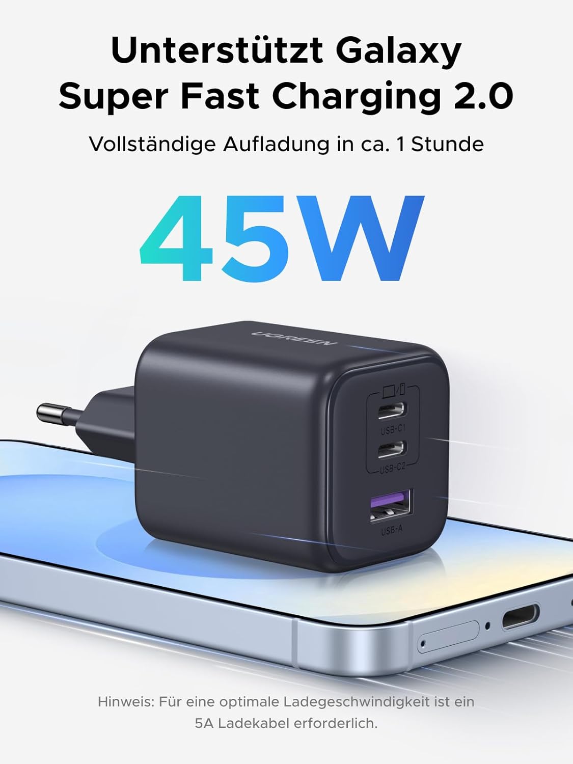 Detalle 2 de UGREEN 45W USB‑C Ladegerät 3‑Port PPS Schnellladegerät