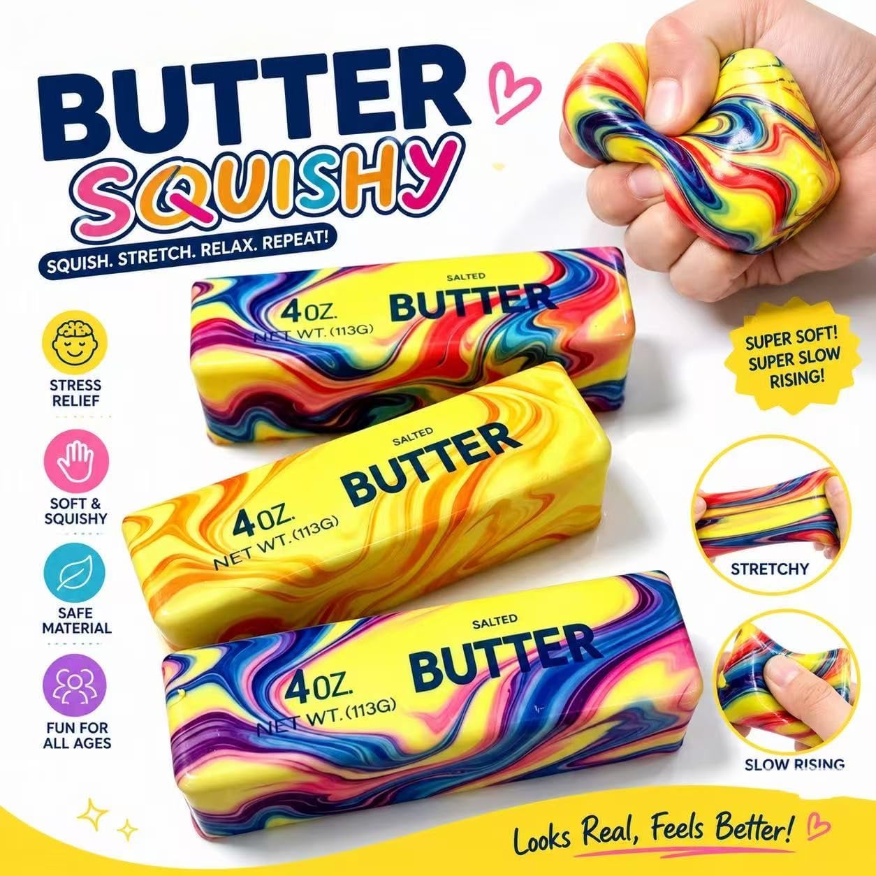 Detalle de 3PCS Butter Squishy Stress Toy — Soft Gel Fidget Set for Anxiety Relief and Focus