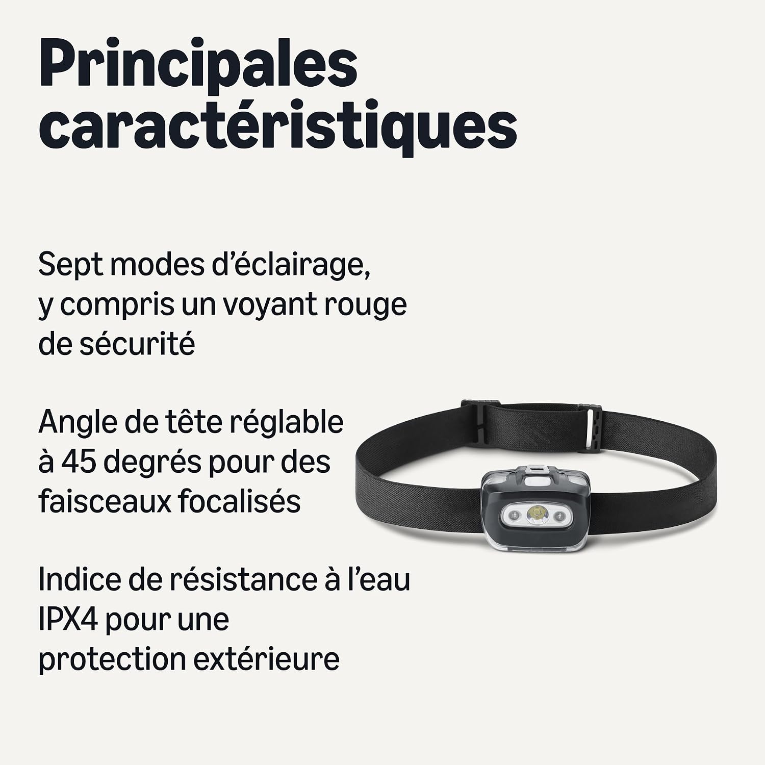 Detalle 2 de Amazon Basics Lampe Frontale LED – Lot de 2, 7 Modes, lumière rouge, IPX4, piles AAA incluses