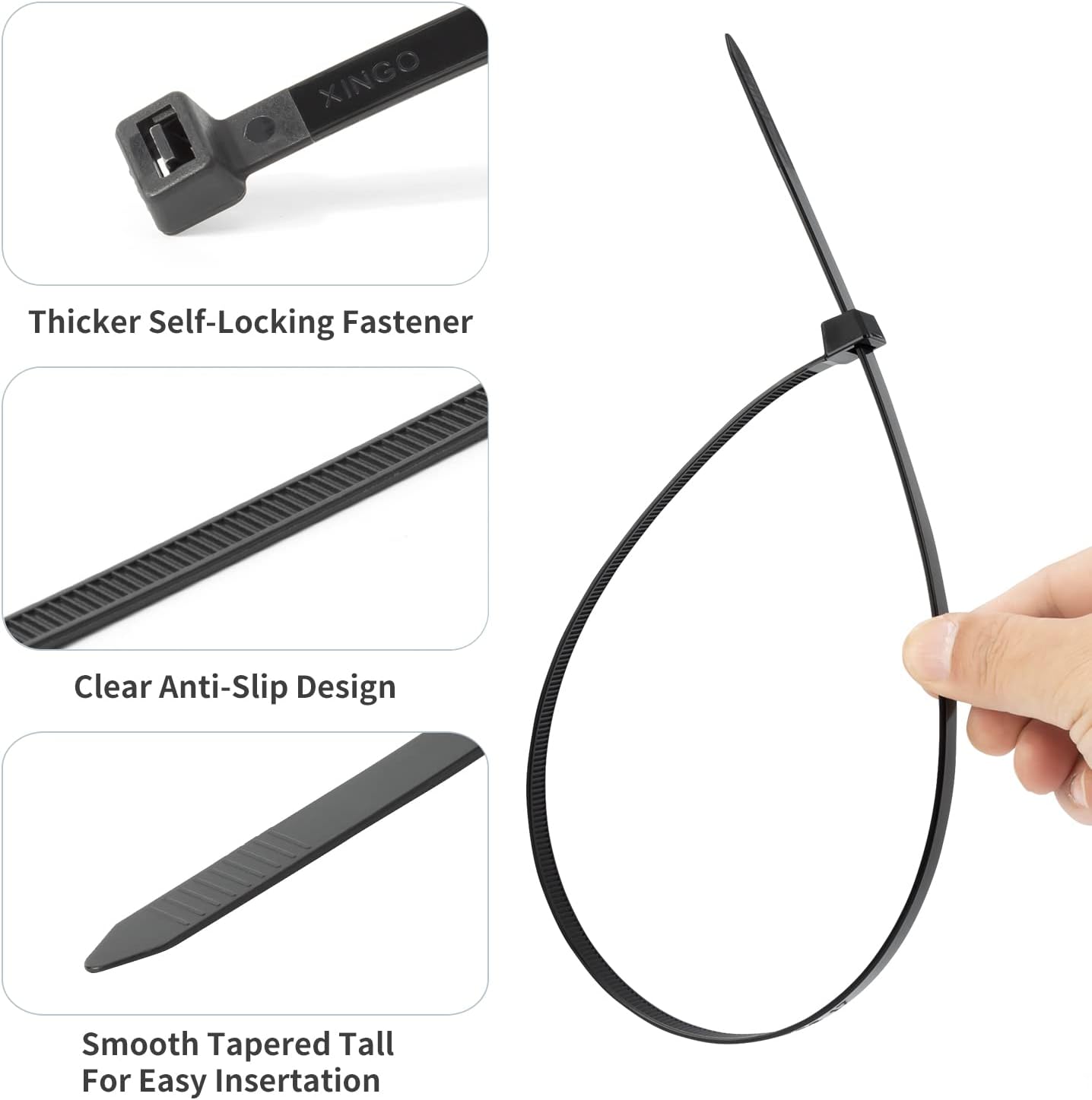 Detalle de XINGO Lang Kabelbinder 100 Stück – 300 mm x 9 mm, Zugfestigkeit 80 kg, UV-beständig