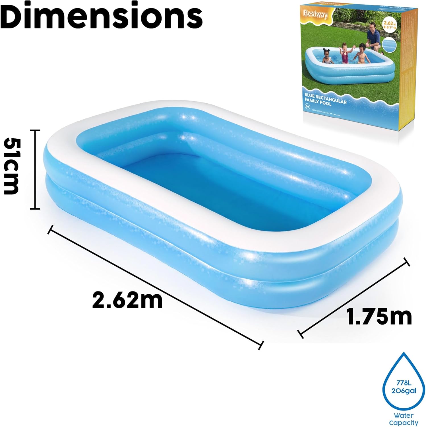 Detalle de Bestway Family Pool – Rechteckiger Kinderpool, schnell aufgebaut, 262 x 175 x 51 cm